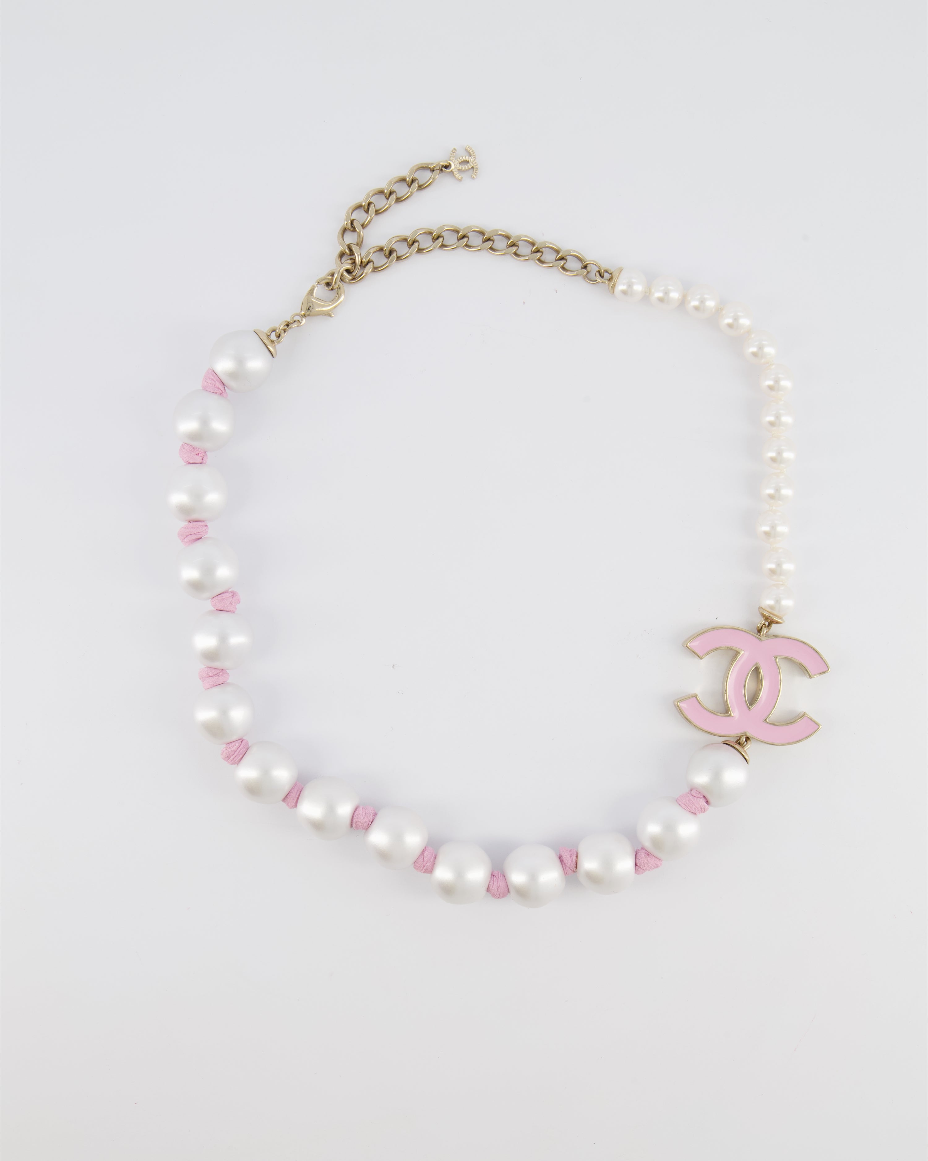 Chanel 25A Pearl Choker with Pink Ribbon Detail and Pink Enamel CC Logo and Champagne Gold Hardware