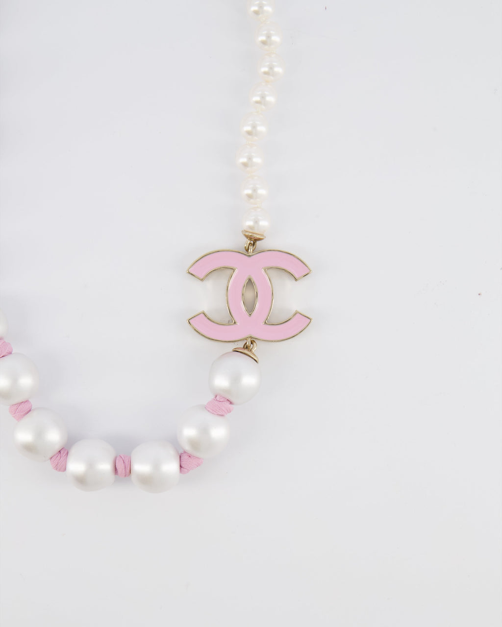 Chanel 25A Pearl Choker with Pink Ribbon Detail and Pink Enamel CC Logo and Champagne Gold Hardware