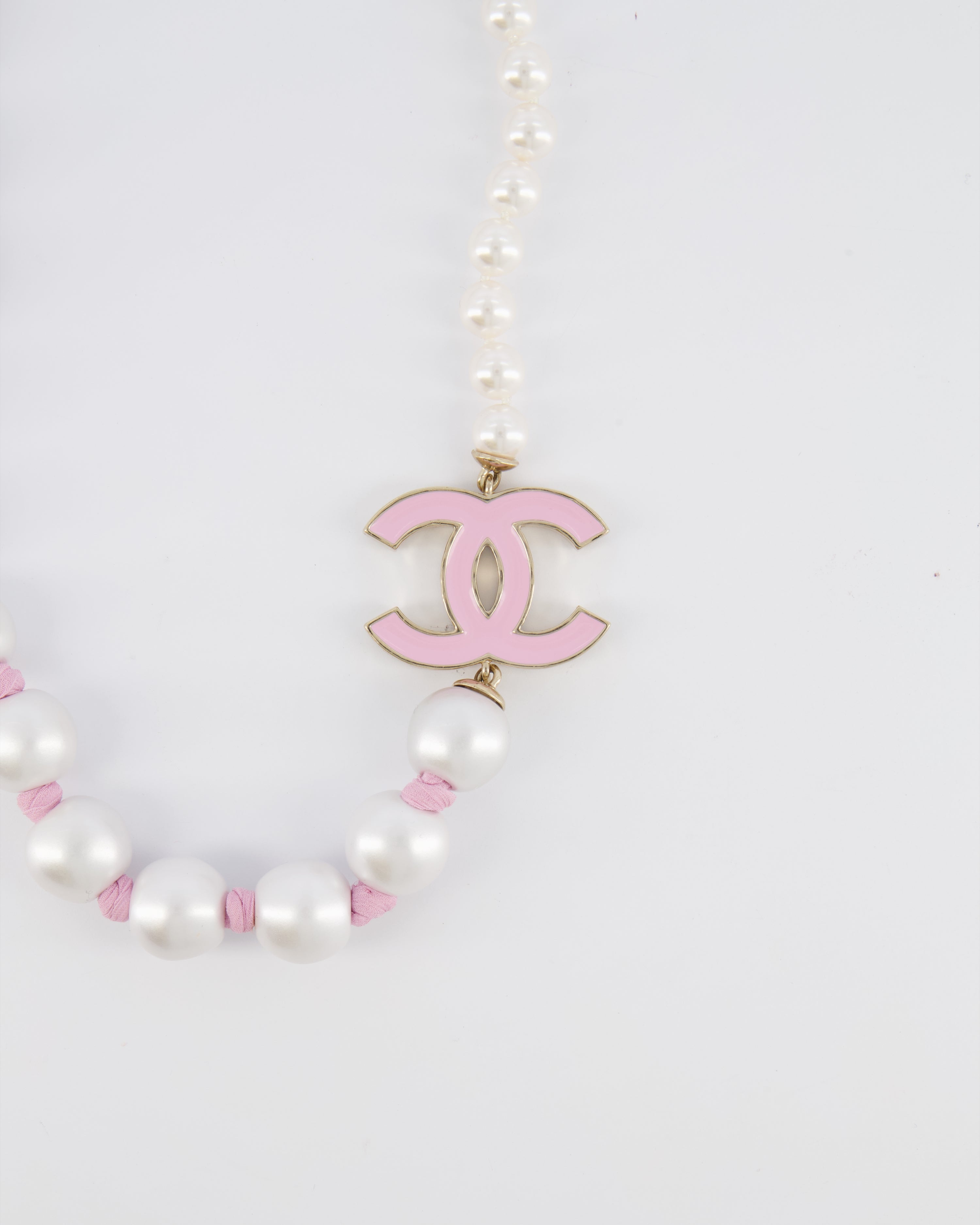 Chanel 25A Pearl Choker with Pink Ribbon Detail and Pink Enamel CC Logo and Champagne Gold Hardware