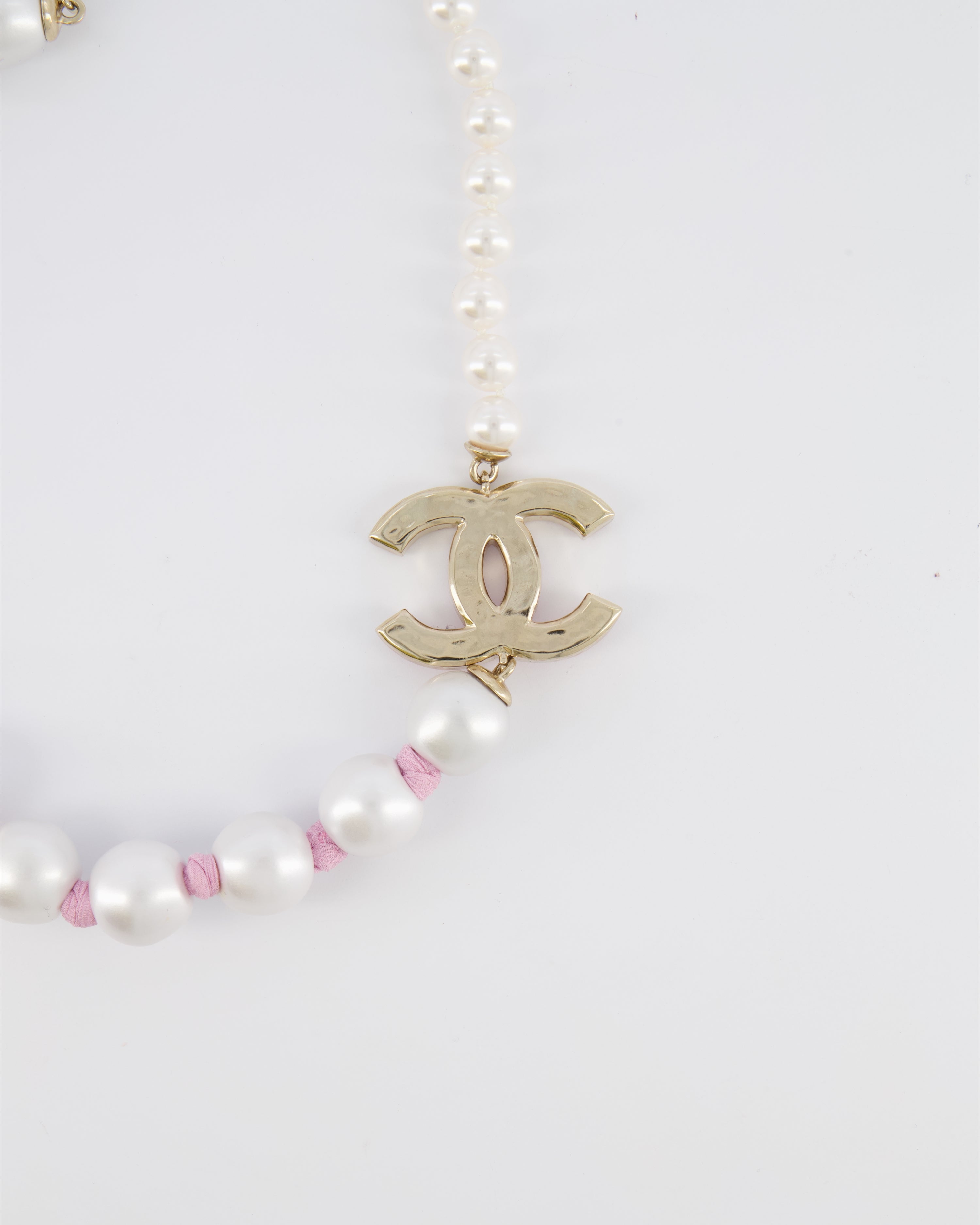 Chanel 25A Pearl Choker with Pink Ribbon Detail and Pink Enamel CC Logo and Champagne Gold Hardware