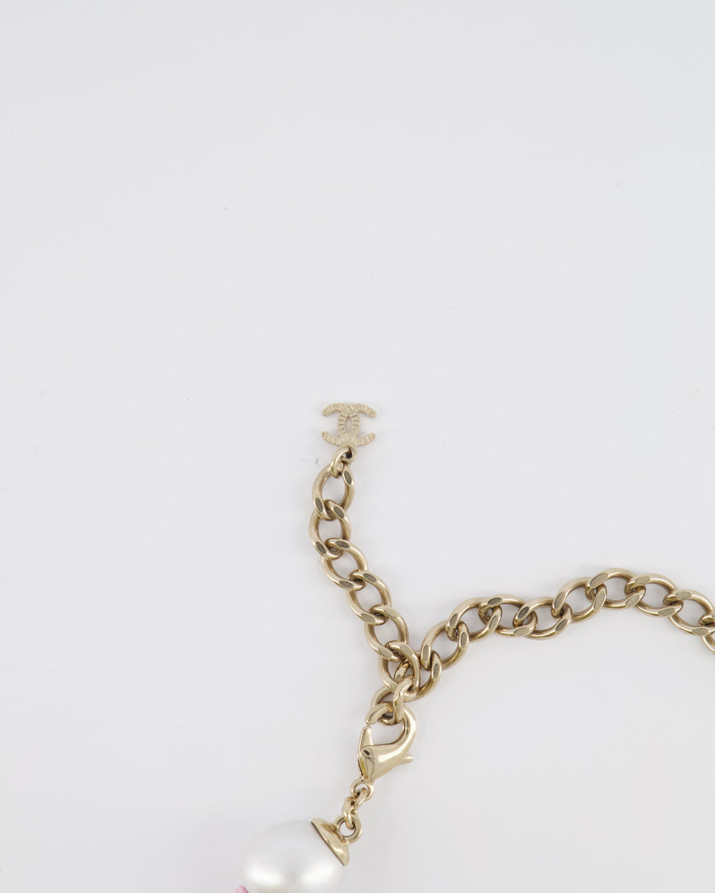 Chanel 25A Pearl Choker with Pink Ribbon Detail and Pink Enamel CC Logo and Champagne Gold Hardware