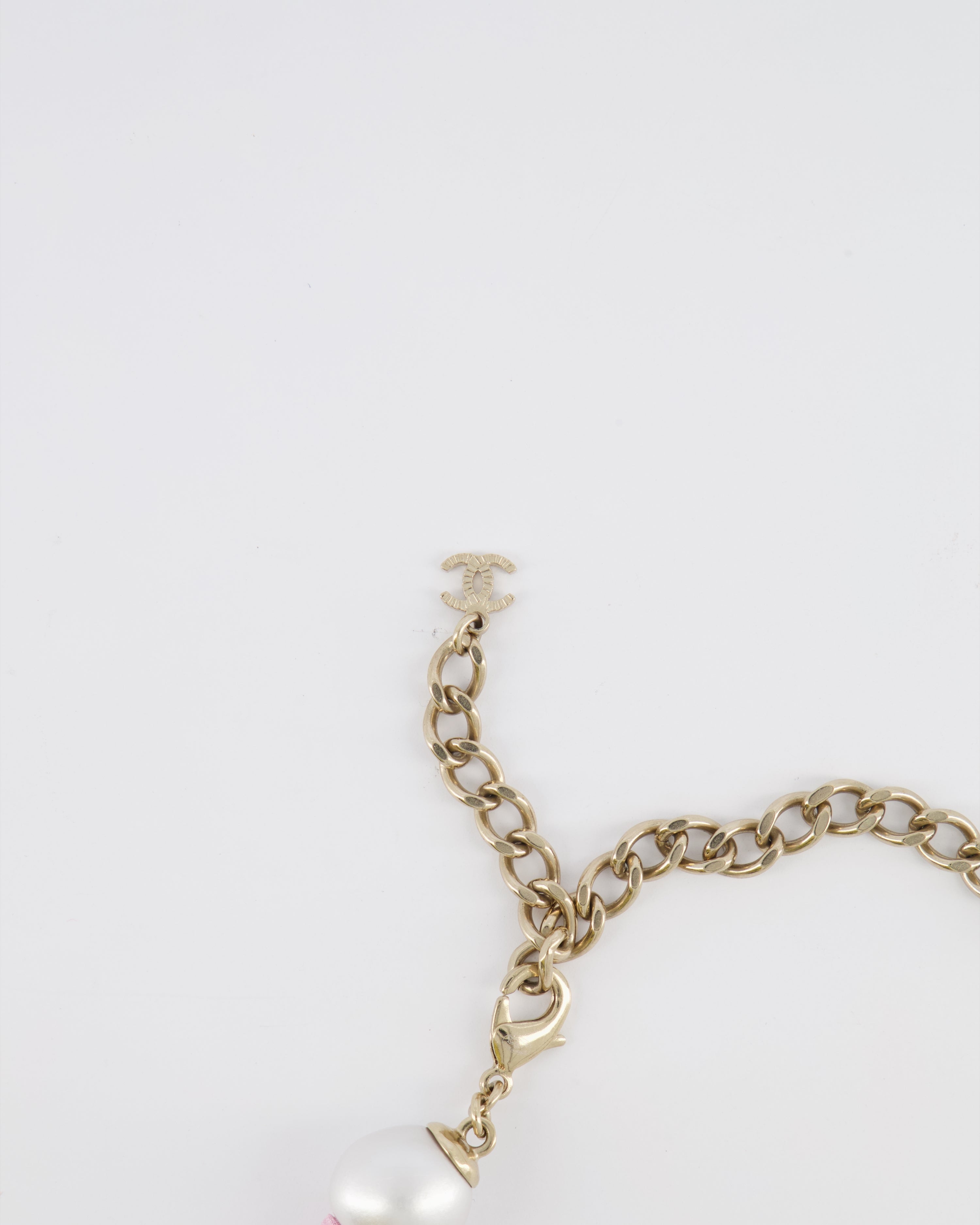Chanel 25A Pearl Choker with Pink Ribbon Detail and Pink Enamel CC Logo and Champagne Gold Hardware