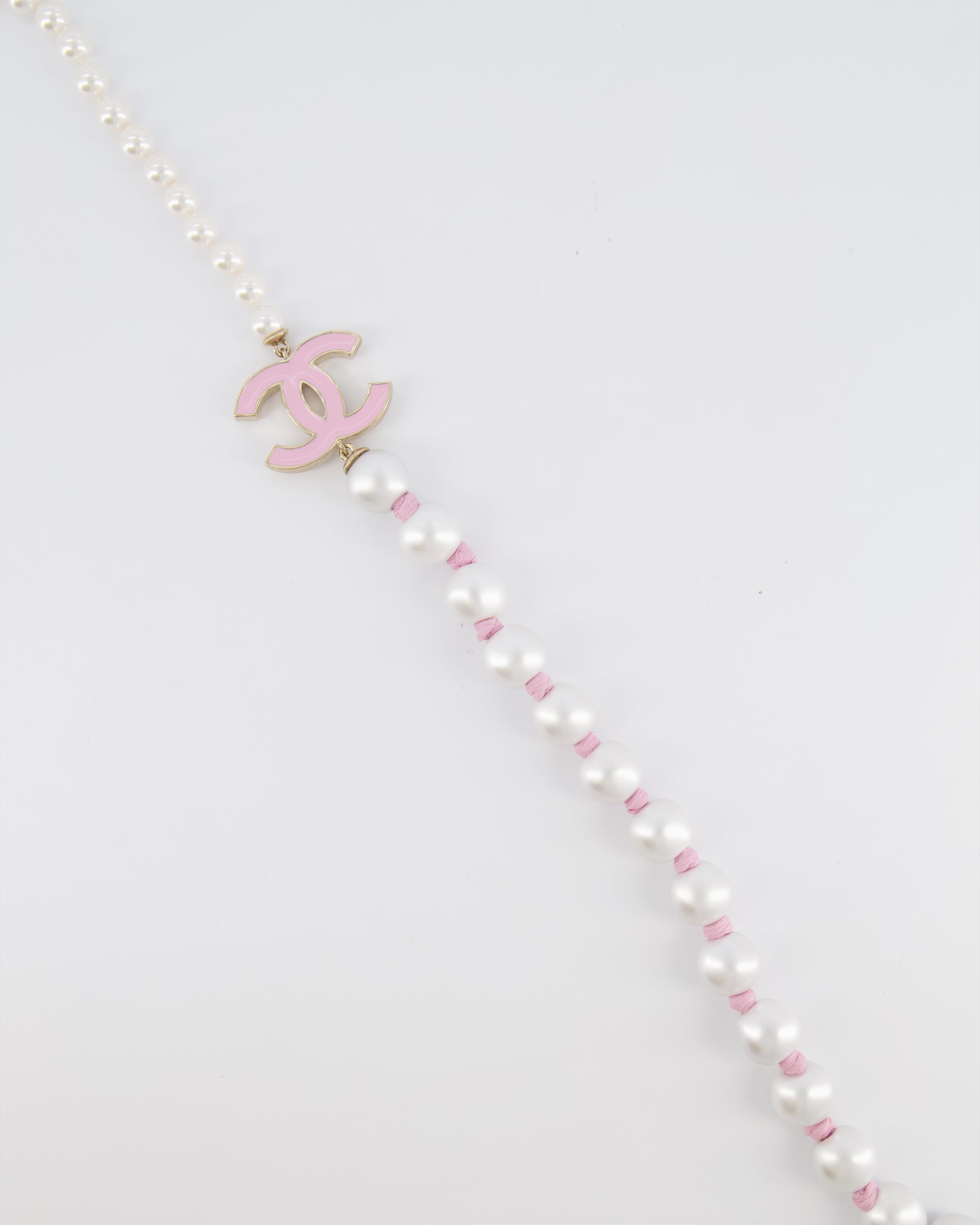 Chanel 25A Pearl Choker with Pink Ribbon Detail and Pink Enamel CC Logo and Champagne Gold Hardware