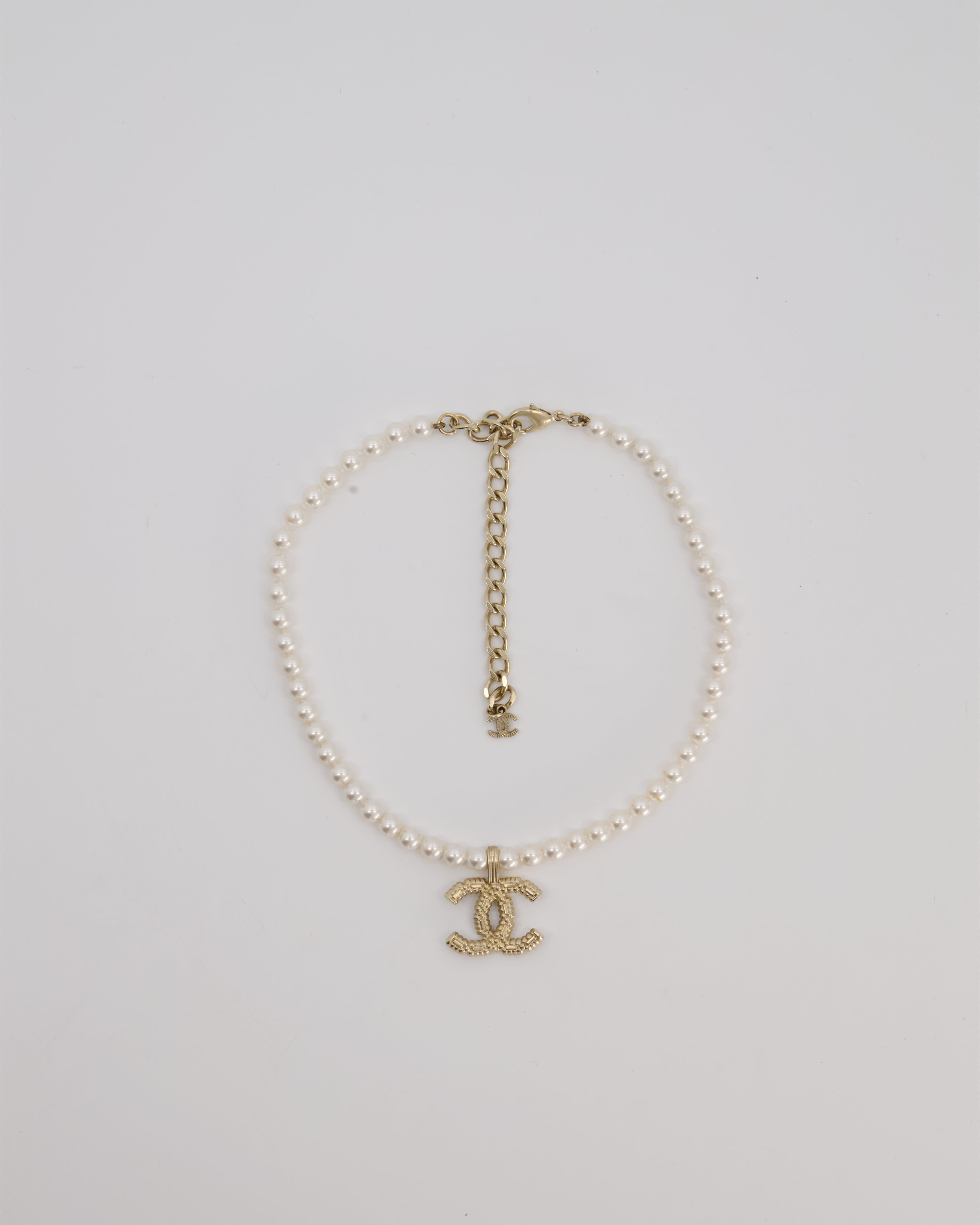 Chanel Pearl Choker with Beaded Gold CC Logo Detail