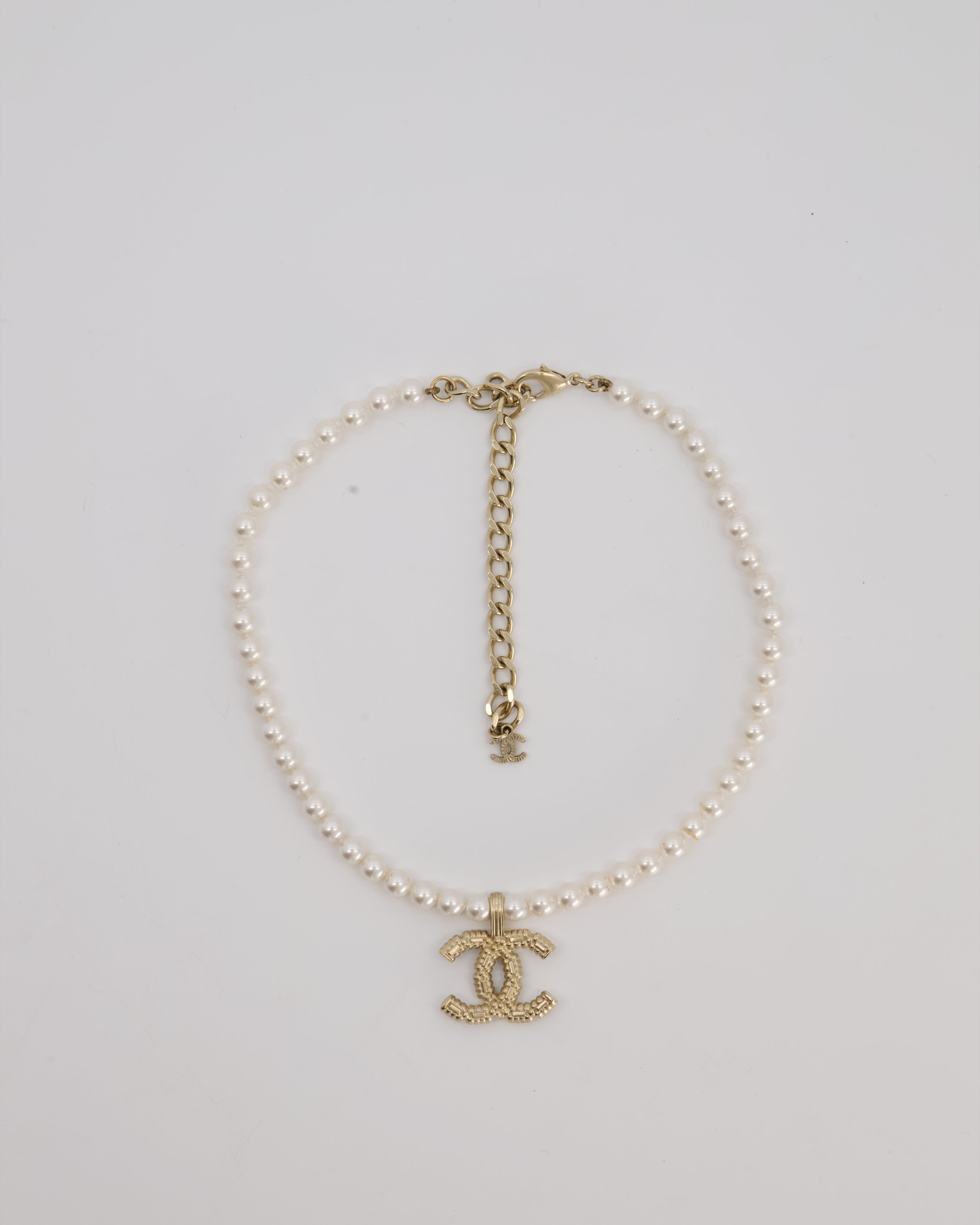 Chanel Pearl Choker with Beaded Gold CC Logo Detail