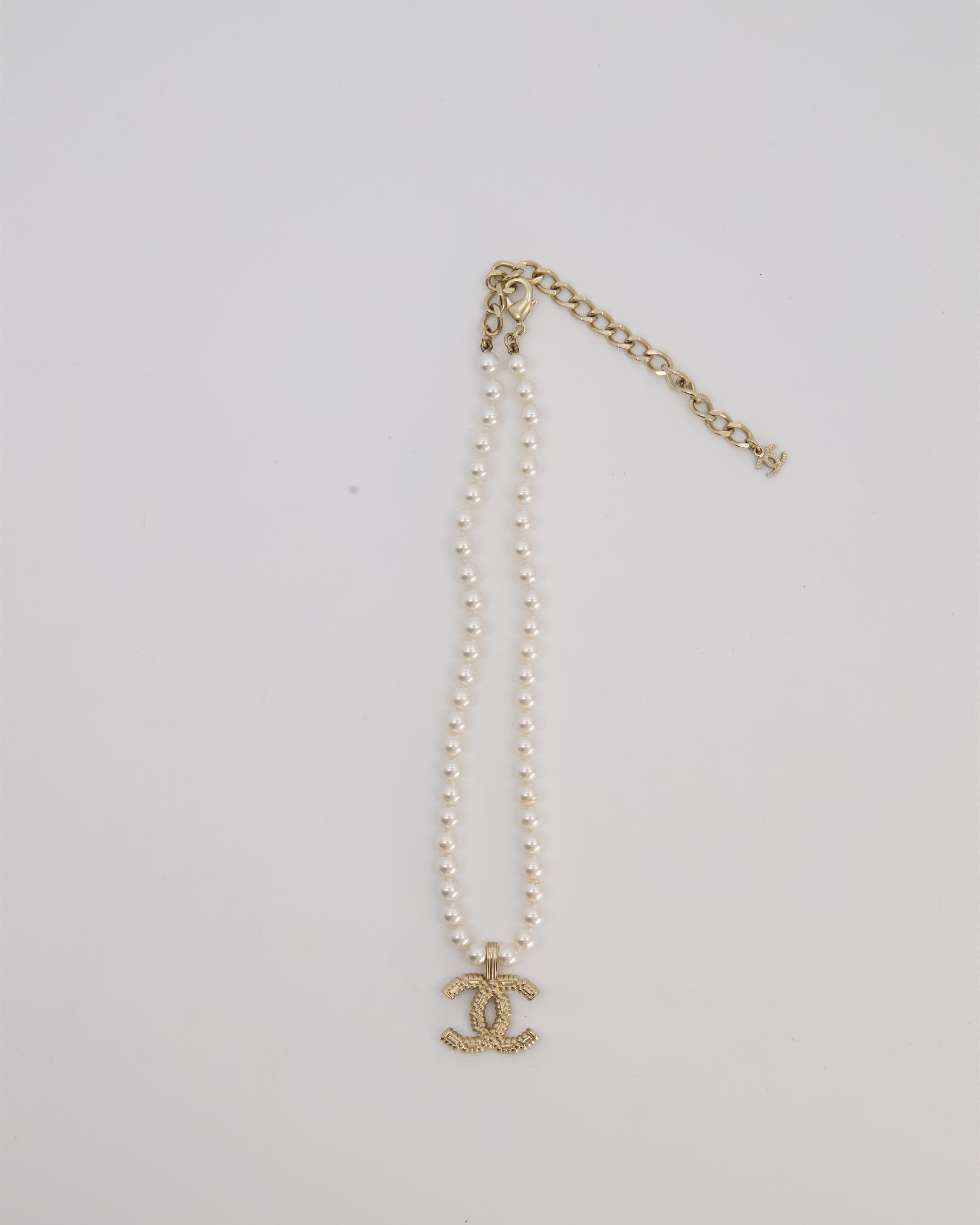 Chanel Pearl Choker with Beaded Gold CC Logo Detail