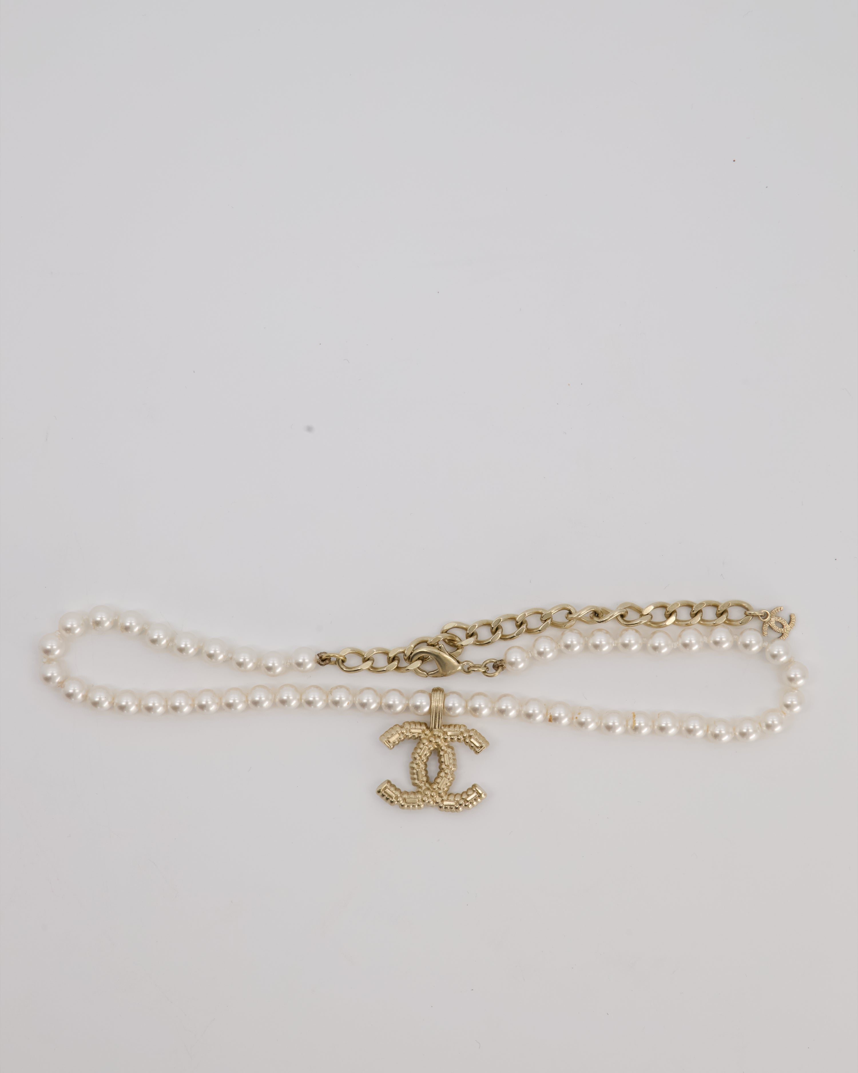 Chanel Pearl Choker with Beaded Gold CC Logo Detail