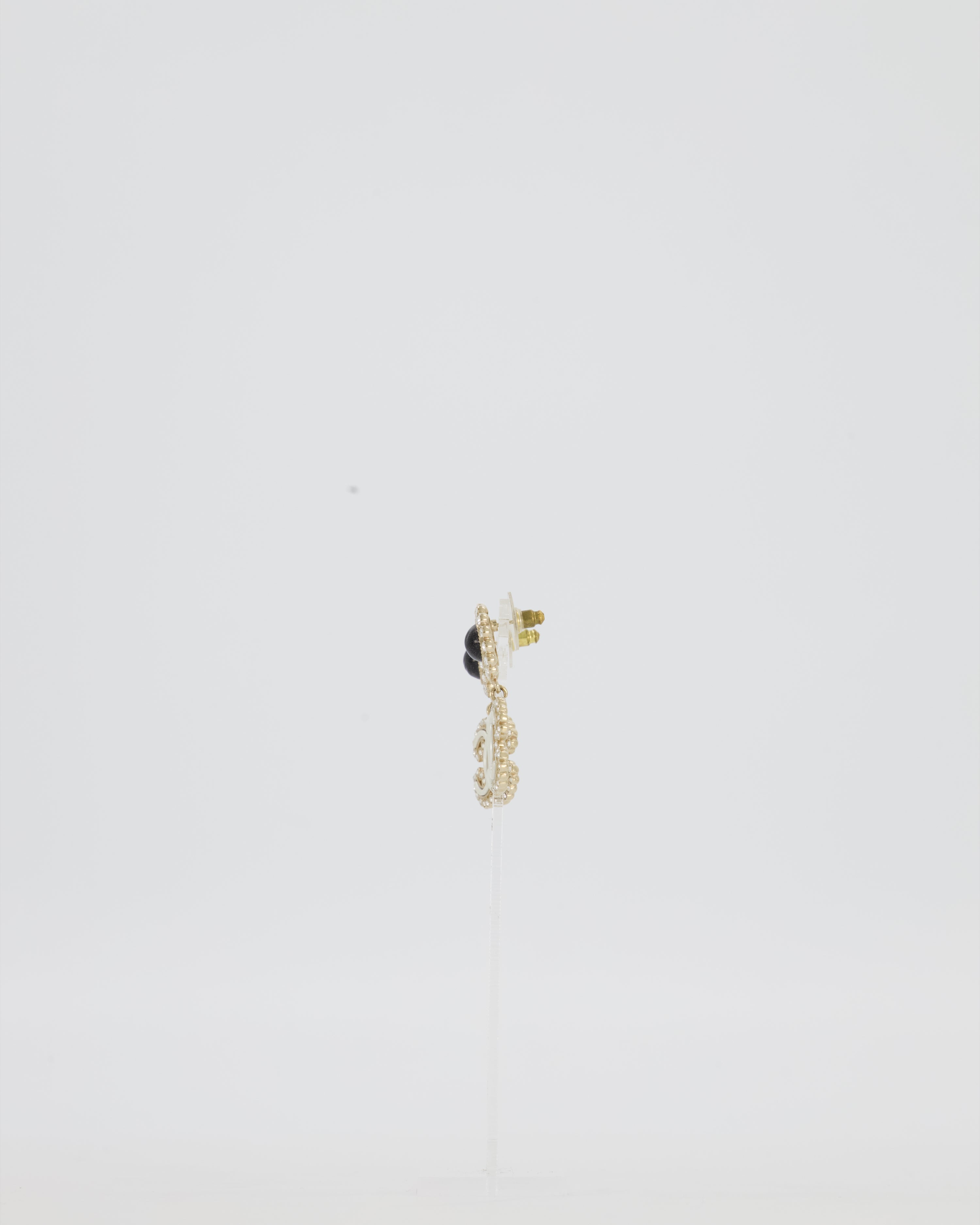 Chanel CC Crystal Gold Drop Earrings with Black Pearl Detail