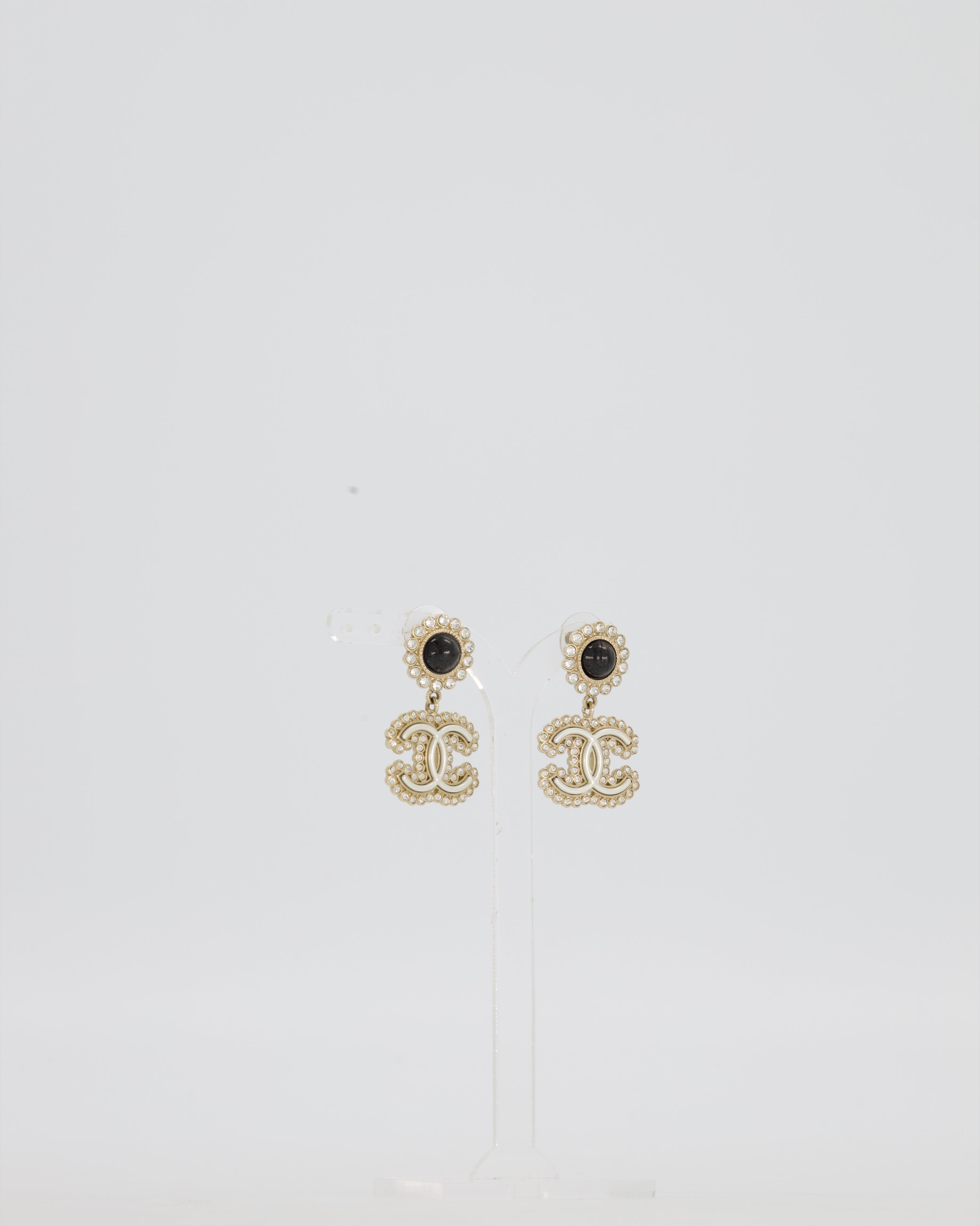Chanel CC Crystal Gold Drop Earrings with Black Pearl Detail