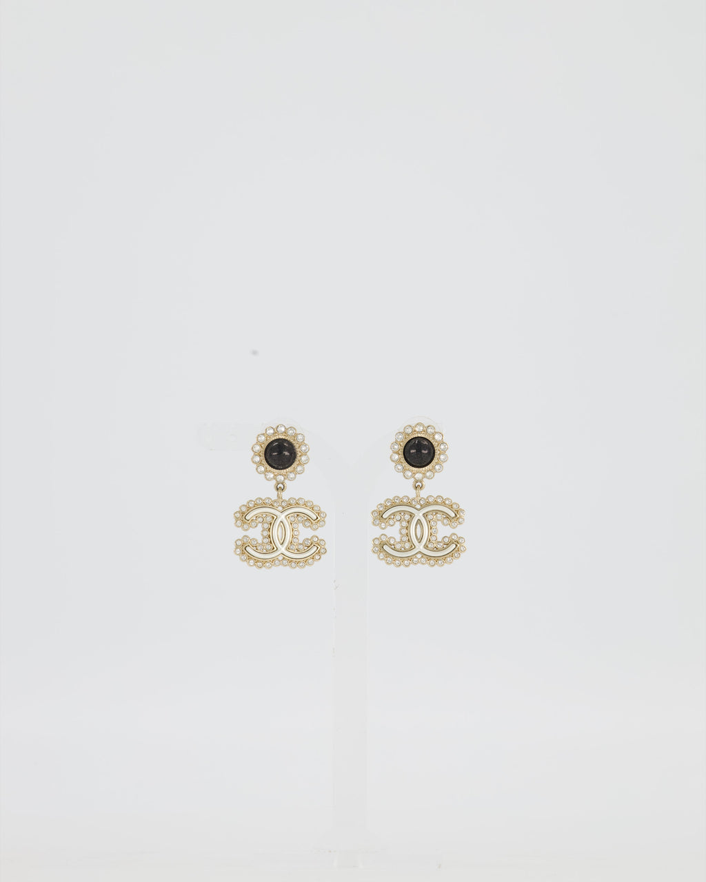 Chanel CC Crystal Gold Drop Earrings with Black Pearl Detail