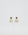 Chanel CC Crystal Gold Drop Earrings with Black Pearl Detail