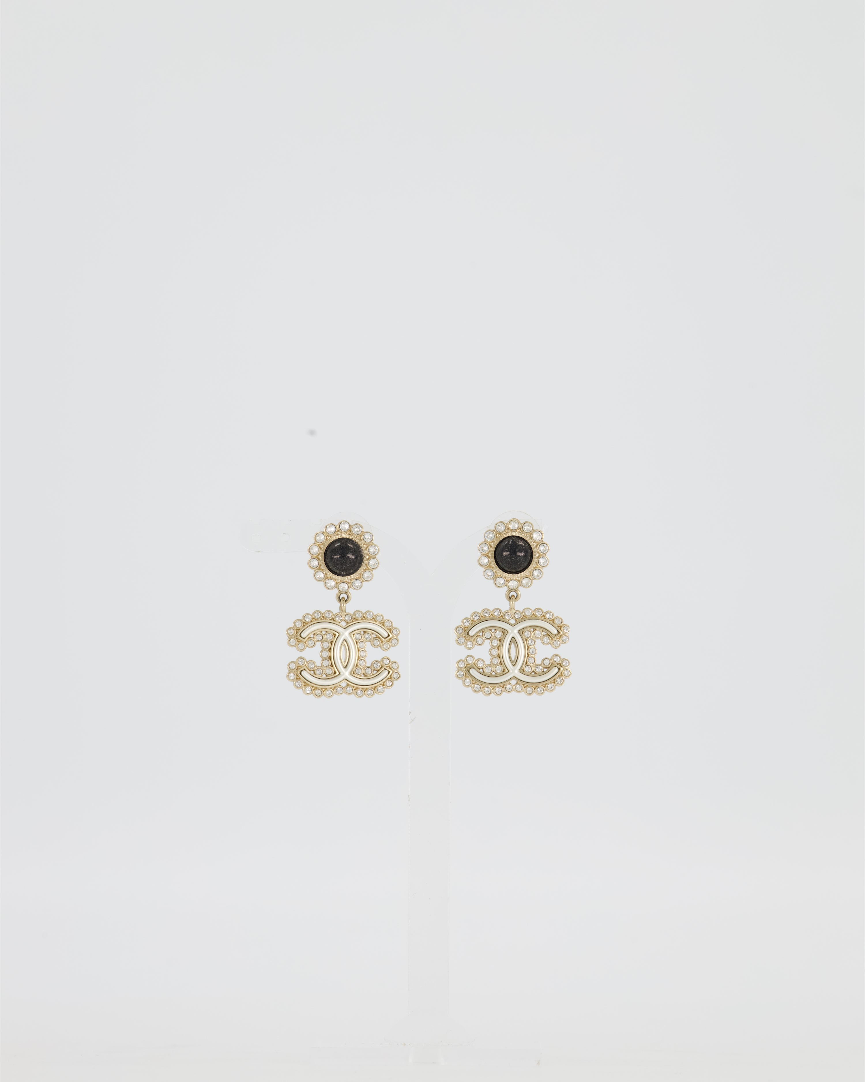 Chanel CC Crystal Gold Drop Earrings with Black Pearl Detail