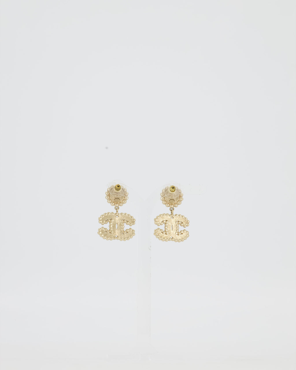 Chanel CC Crystal Gold Drop Earrings with Black Pearl Detail