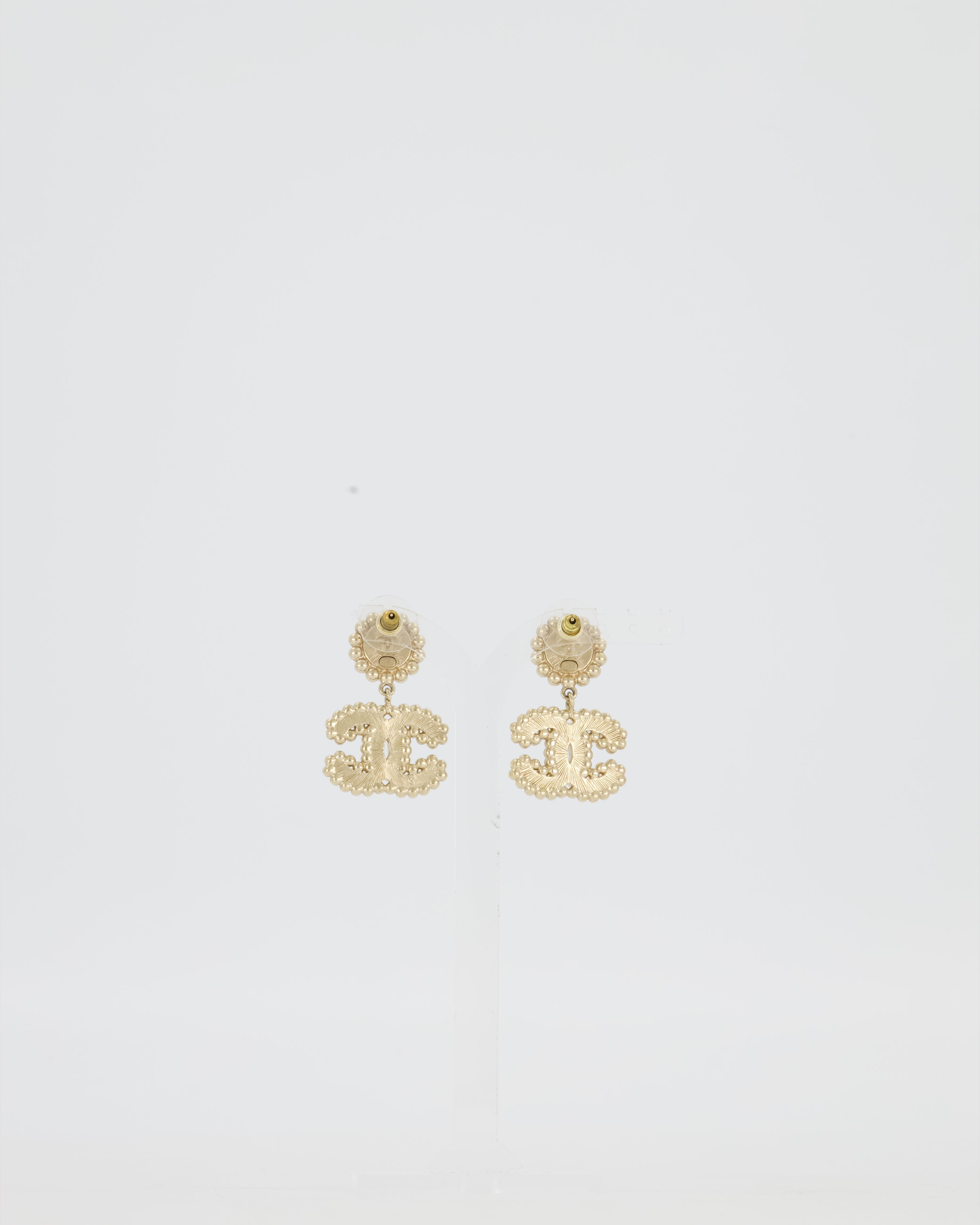 Chanel CC Crystal Gold Drop Earrings with Black Pearl Detail