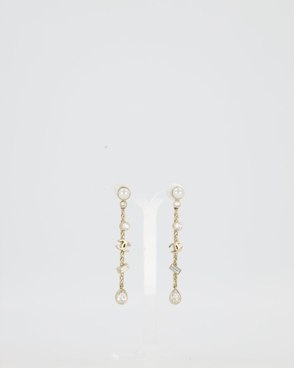 Chanel Pearl Crystal Drop Earrings with Gold CC Logo