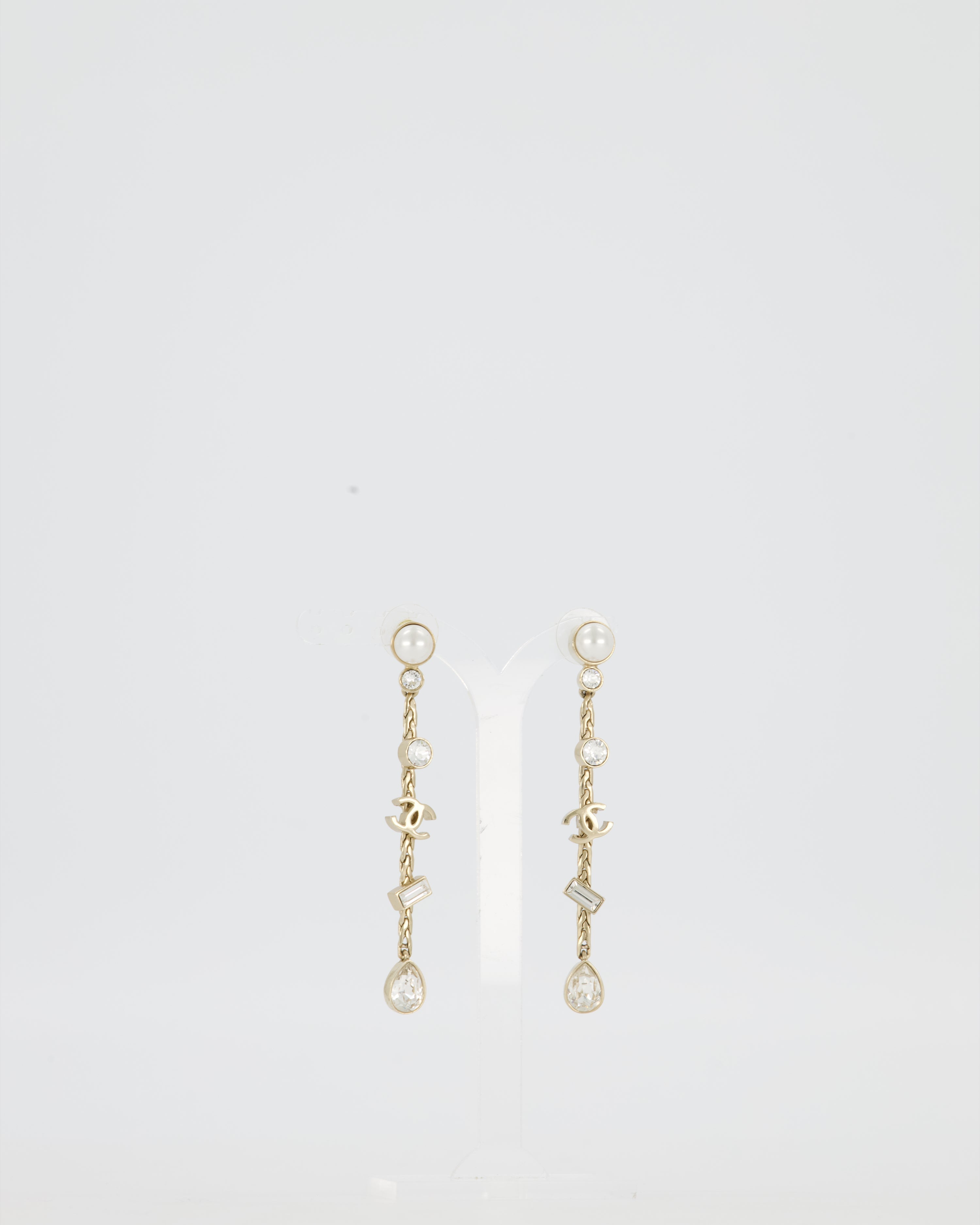 Chanel Pearl Crystal Drop Earrings with Gold CC Logo