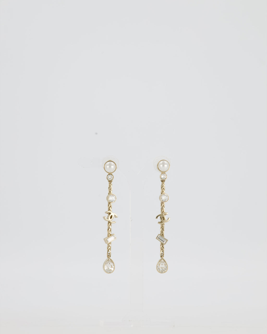 Chanel Pearl Crystal Drop Earrings with Gold CC Logo