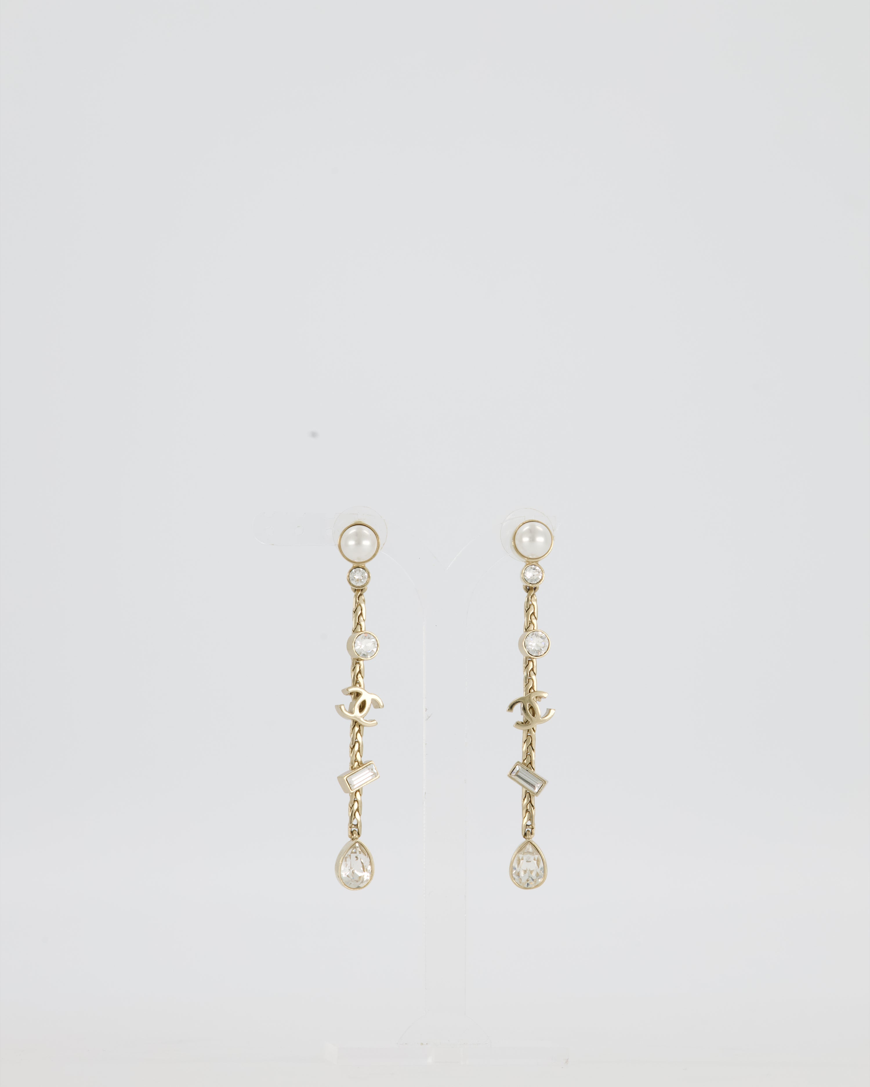 Chanel Pearl Crystal Drop Earrings with Gold CC Logo