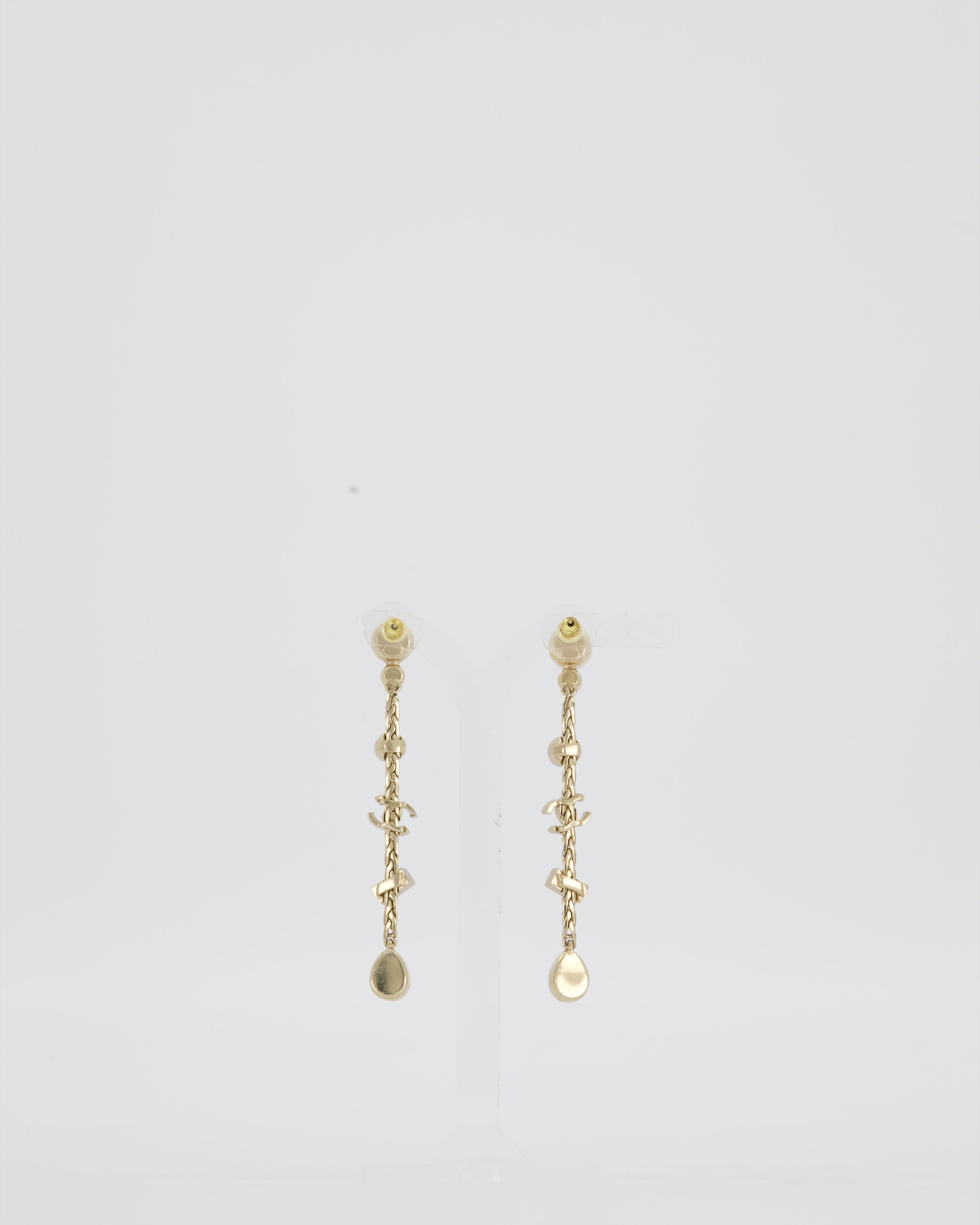 Chanel Pearl Crystal Drop Earrings with Gold CC Logo