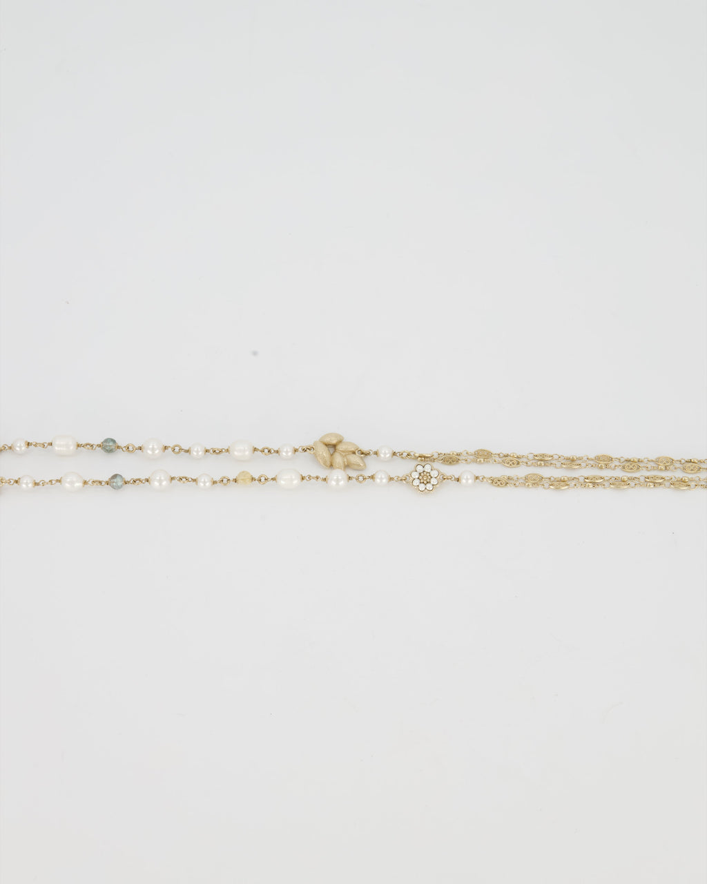 Chanel Gold Long Choker and Necklace with Leaf, Daisy, and Pearl Embellishments and Crystal CC Logo Detail