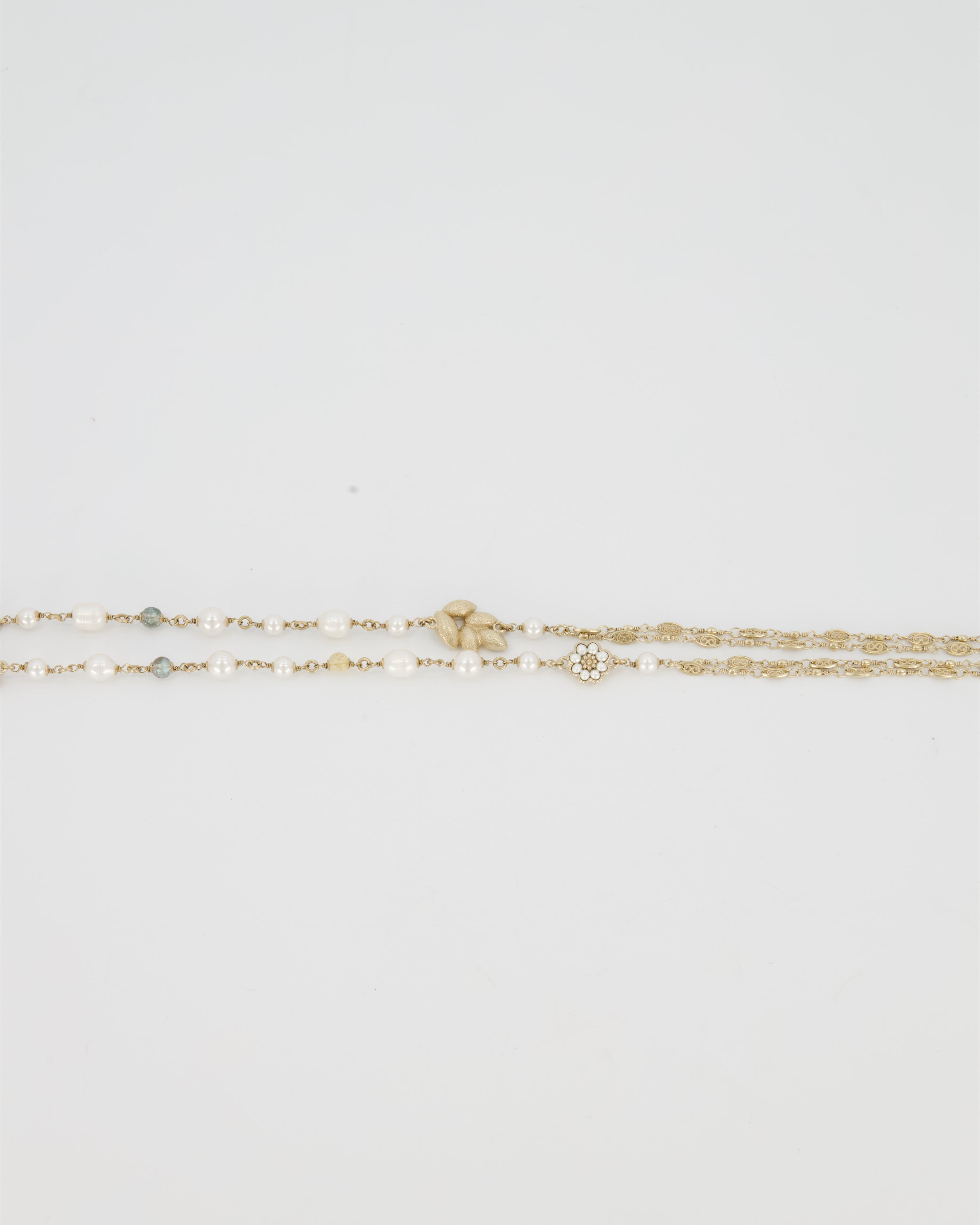 Chanel Gold Long Choker and Necklace with Leaf, Daisy, and Pearl Embellishments and Crystal CC Logo Detail