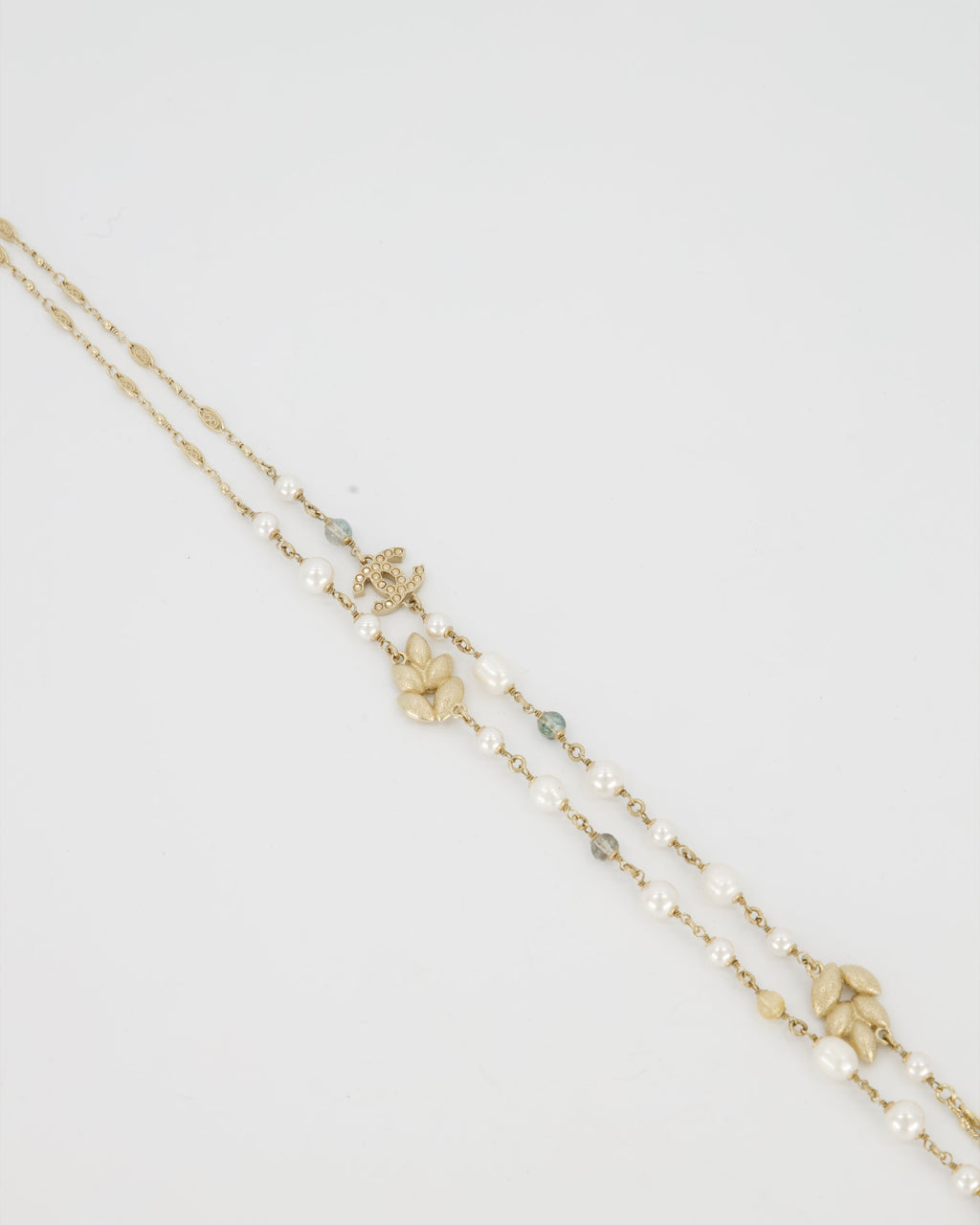 Chanel Gold Long Choker and Necklace with Leaf, Daisy, and Pearl Embellishments and Crystal CC Logo Detail