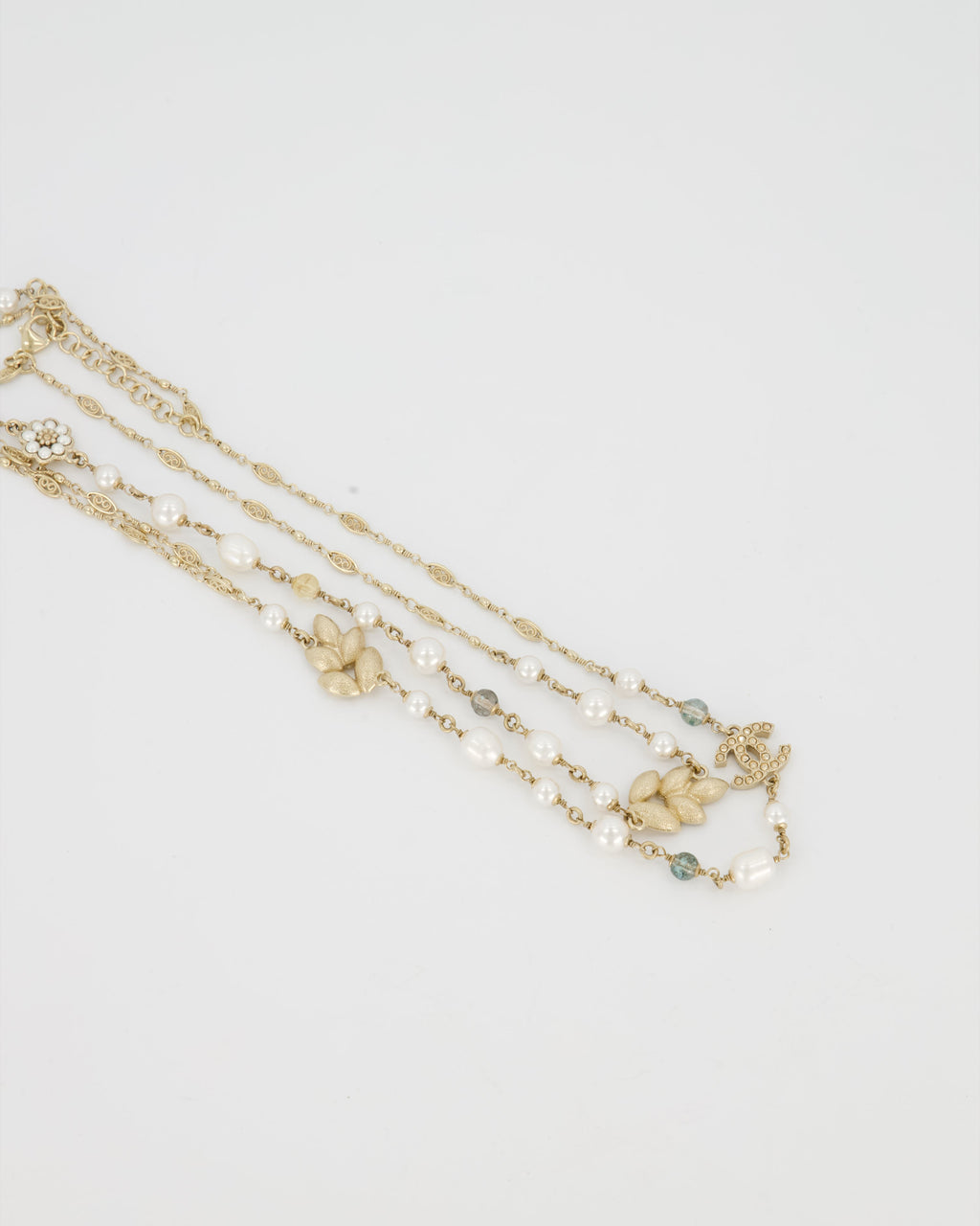 Chanel Gold Long Choker and Necklace with Leaf, Daisy, and Pearl Embellishments and Crystal CC Logo Detail