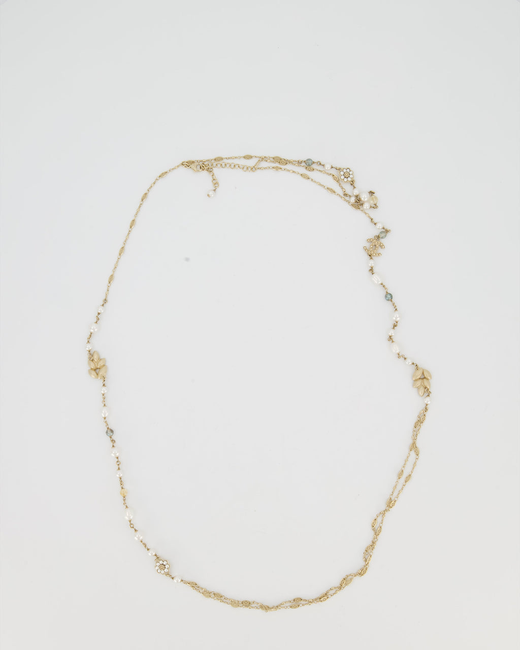 Chanel Gold Long Choker and Necklace with Leaf, Daisy, and Pearl Embellishments and Crystal CC Logo Detail
