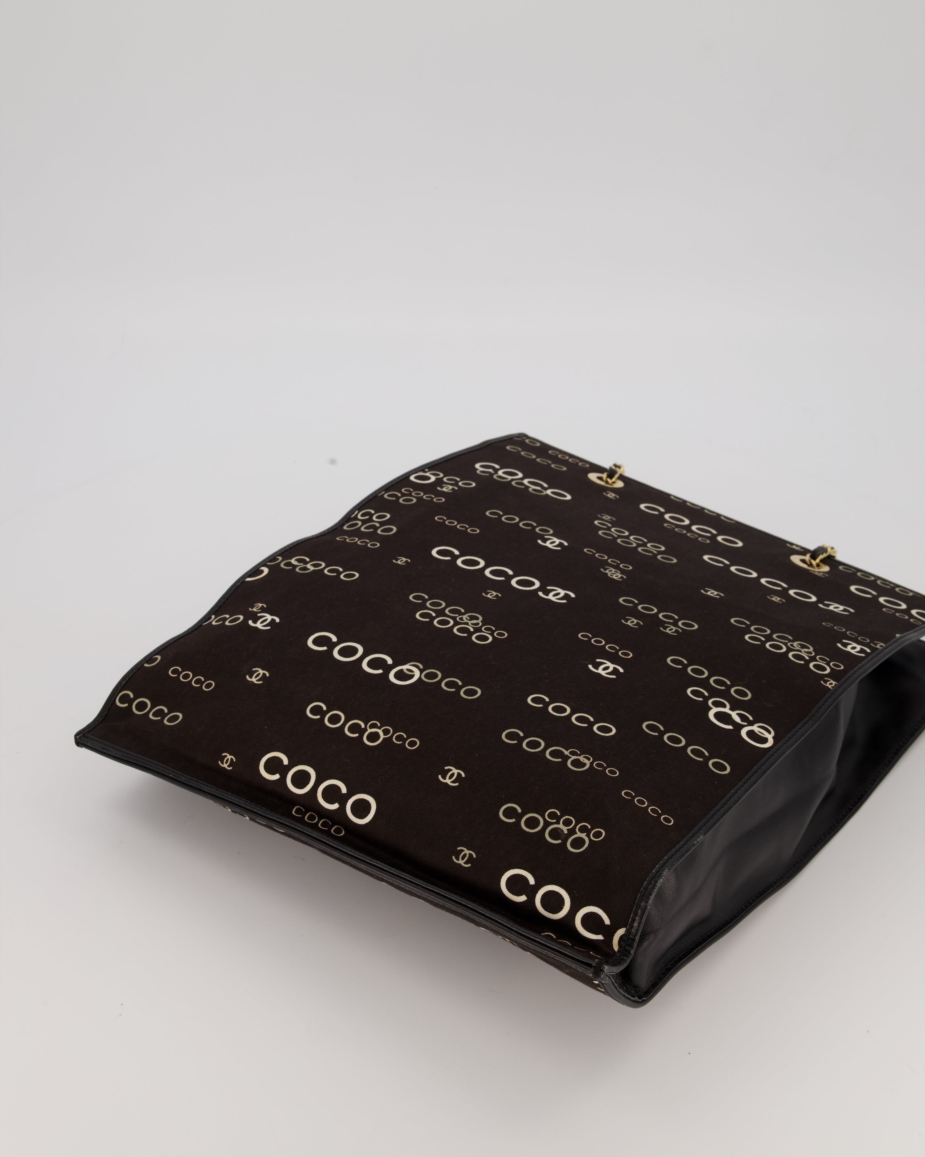 Chanel Vintage Black Canvas Coco Tote Bag with Monogram Details and Gold Hardware