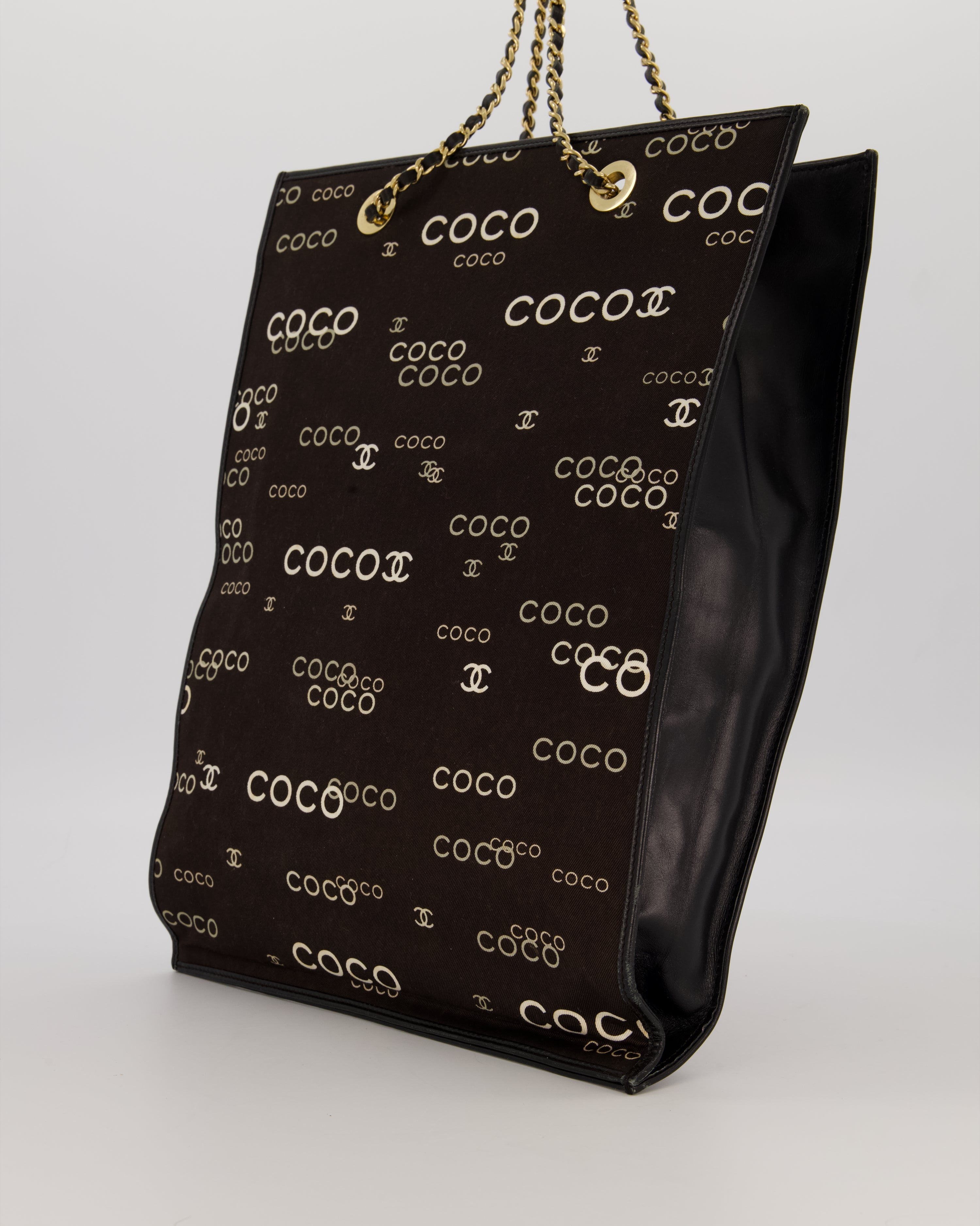 Chanel Vintage Black Canvas Coco Tote Bag with Monogram Details and Gold Hardware