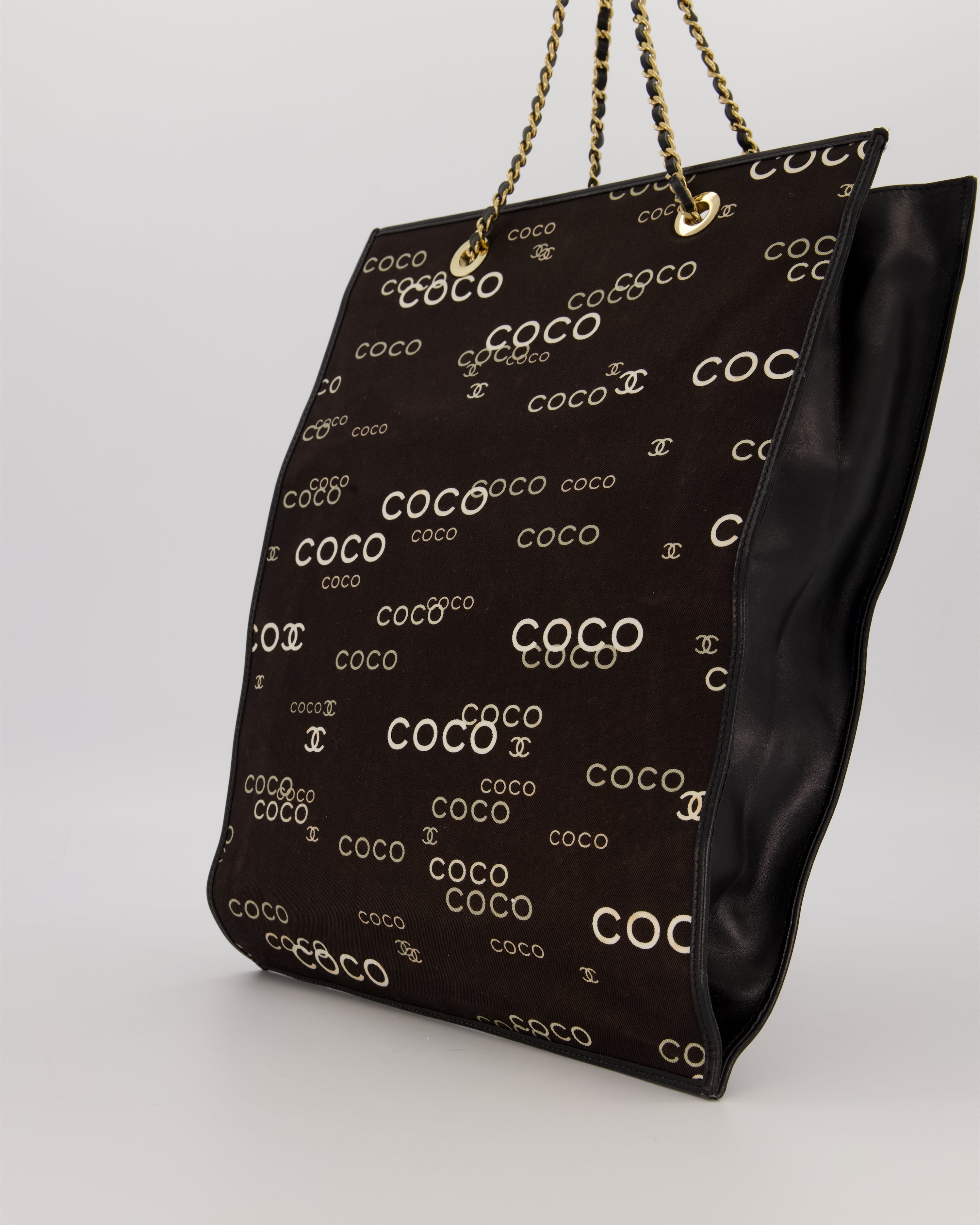 Chanel Vintage Black Canvas Coco Tote Bag with Monogram Details and Gold Hardware