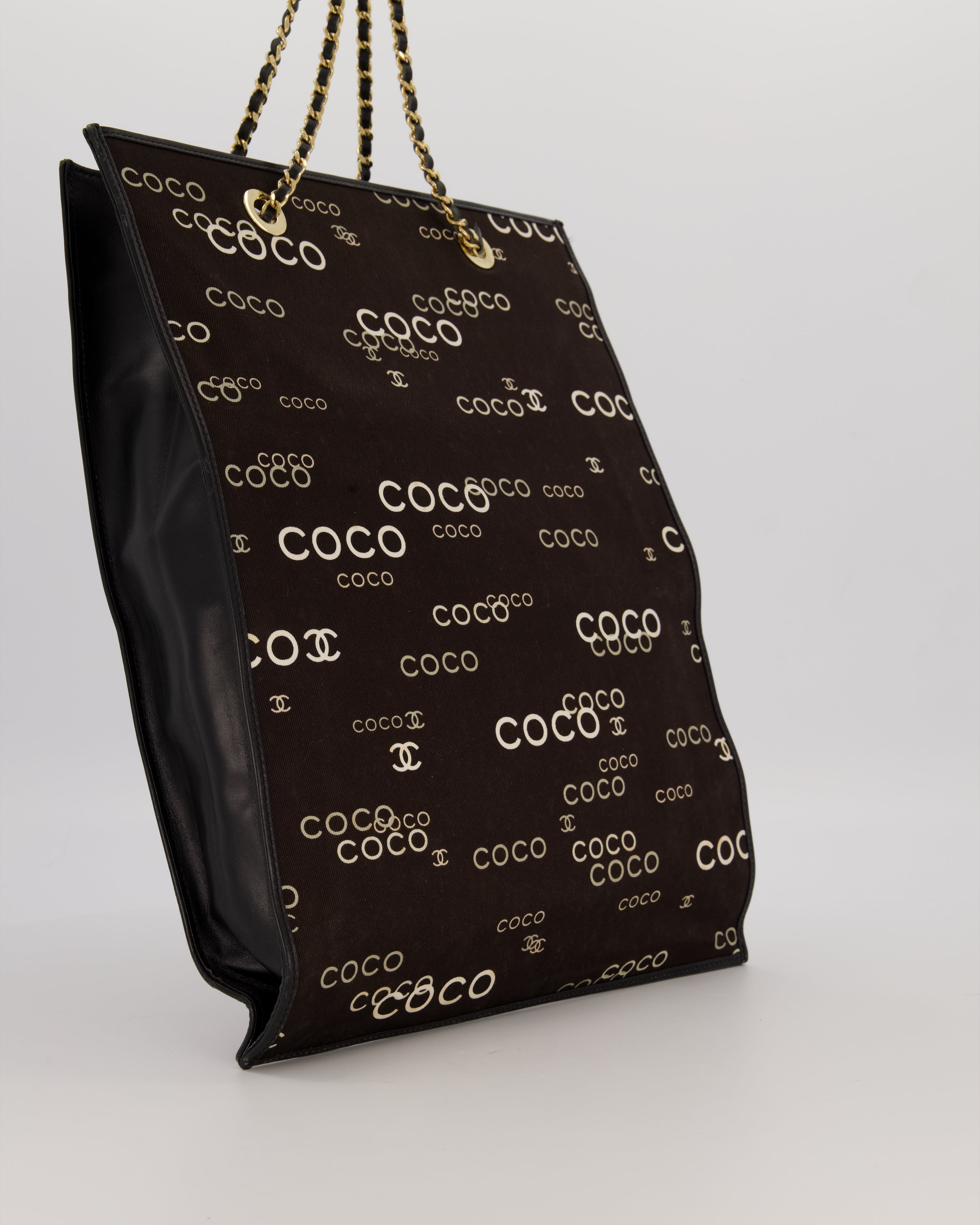Chanel Vintage Black Canvas Coco Tote Bag with Monogram Details and Gold Hardware