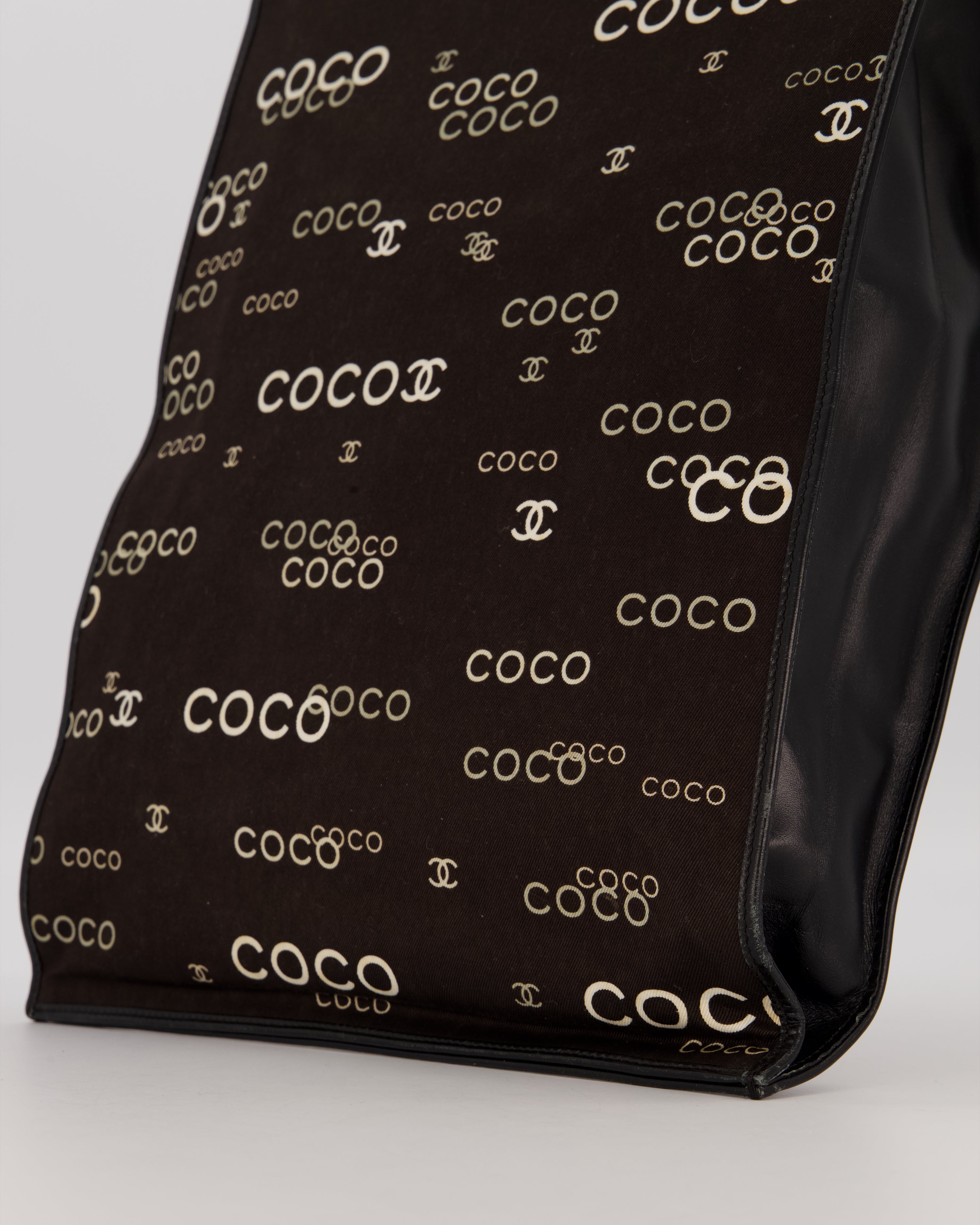Chanel Vintage Black Canvas Coco Tote Bag with Monogram Details and Gold Hardware