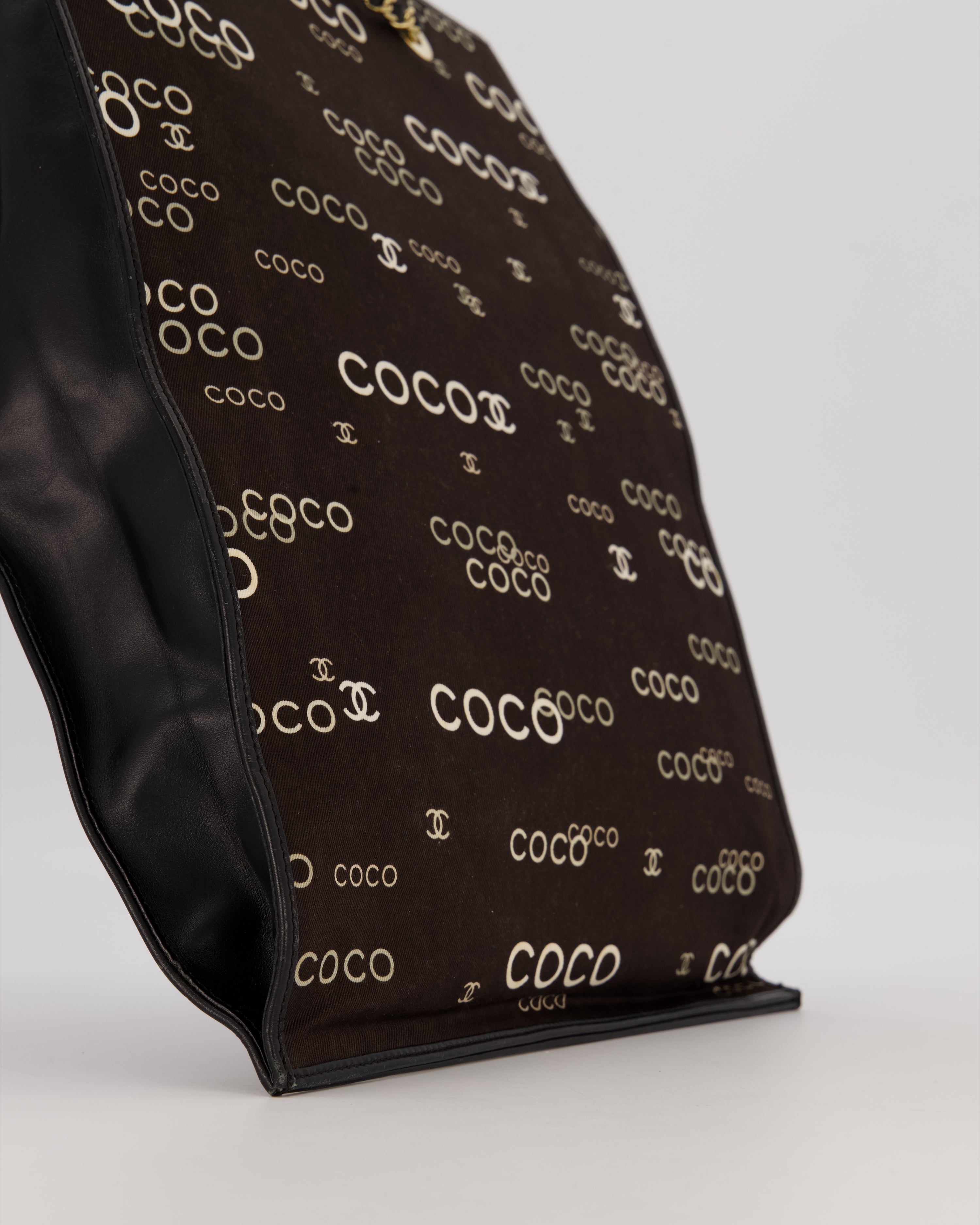 Chanel Vintage Black Canvas Coco Tote Bag with Monogram Details and Gold Hardware