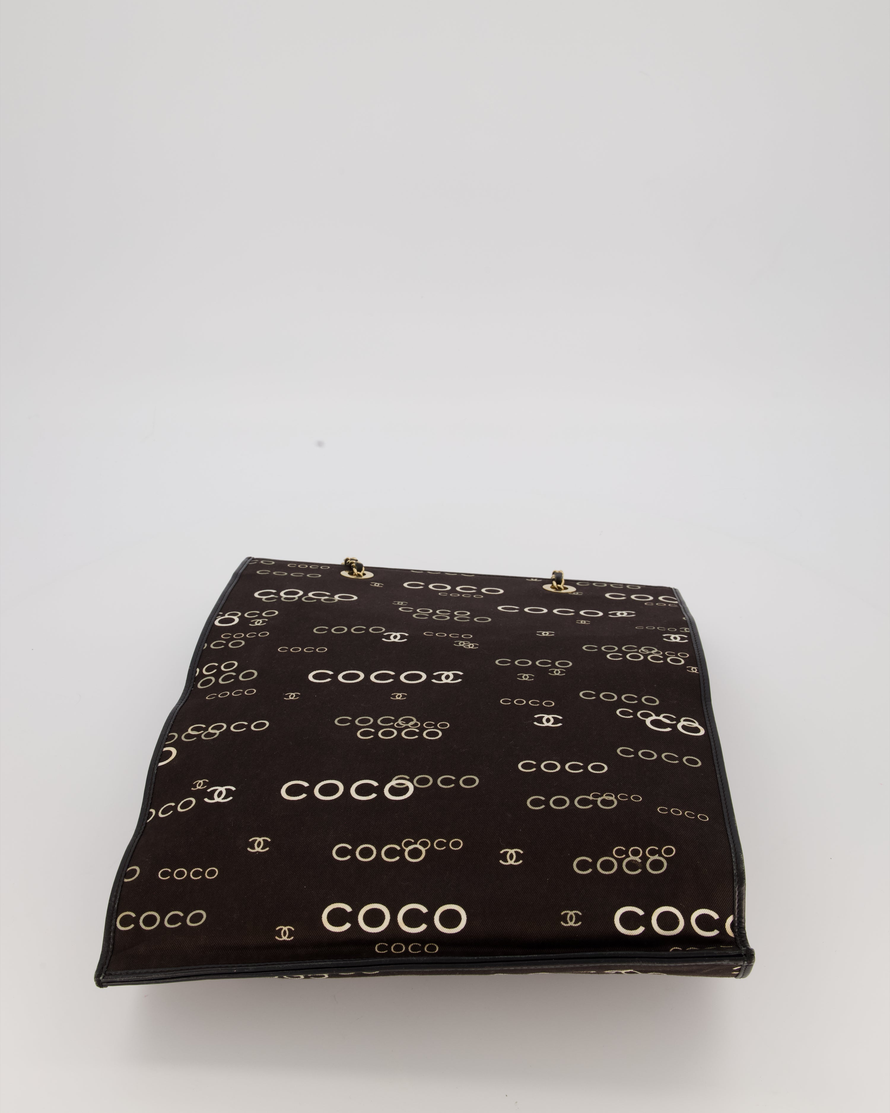 Chanel Vintage Black Canvas Coco Tote Bag with Monogram Details and Gold Hardware