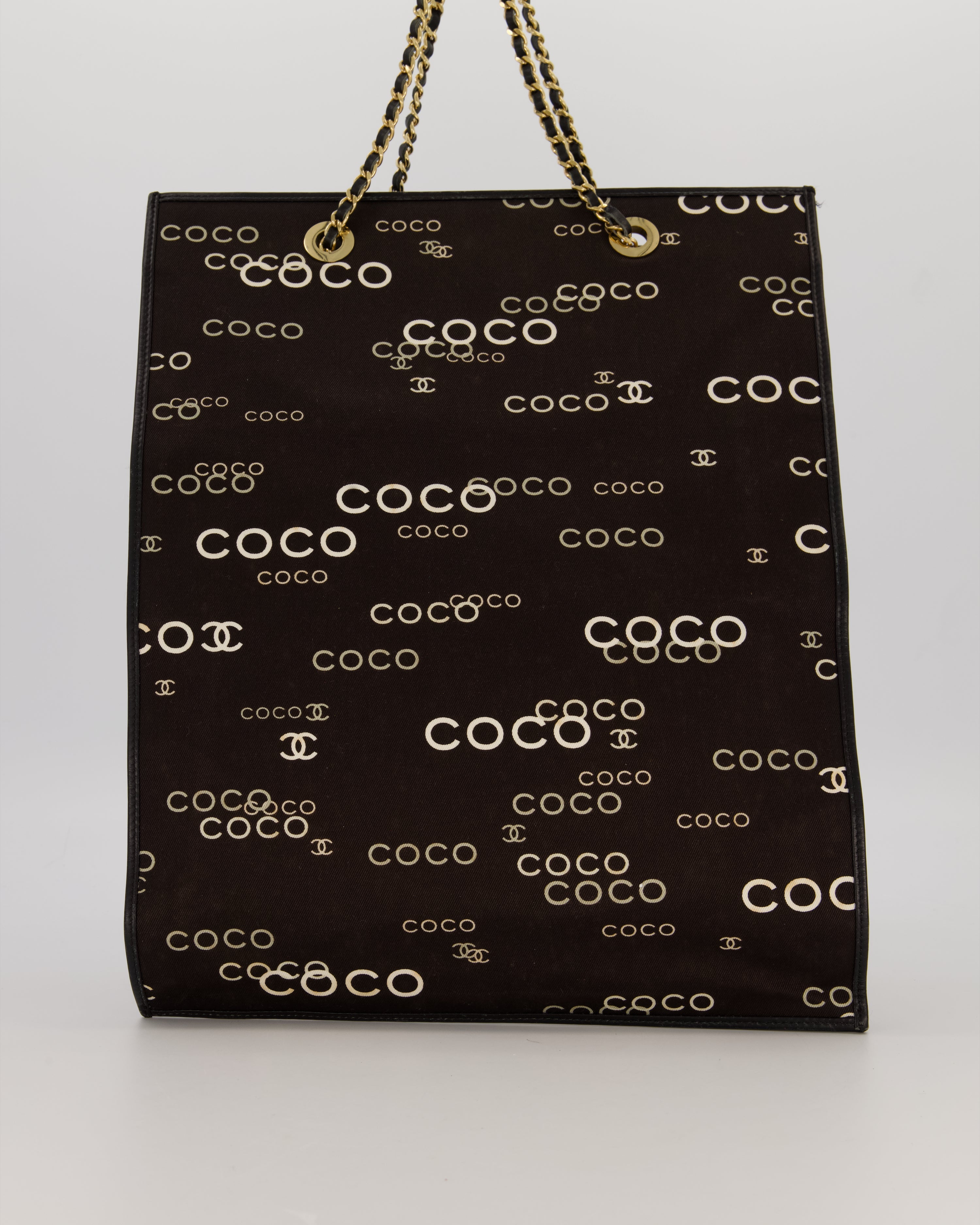 Chanel Vintage Black Canvas Coco Tote Bag with Monogram Details and Gold Hardware