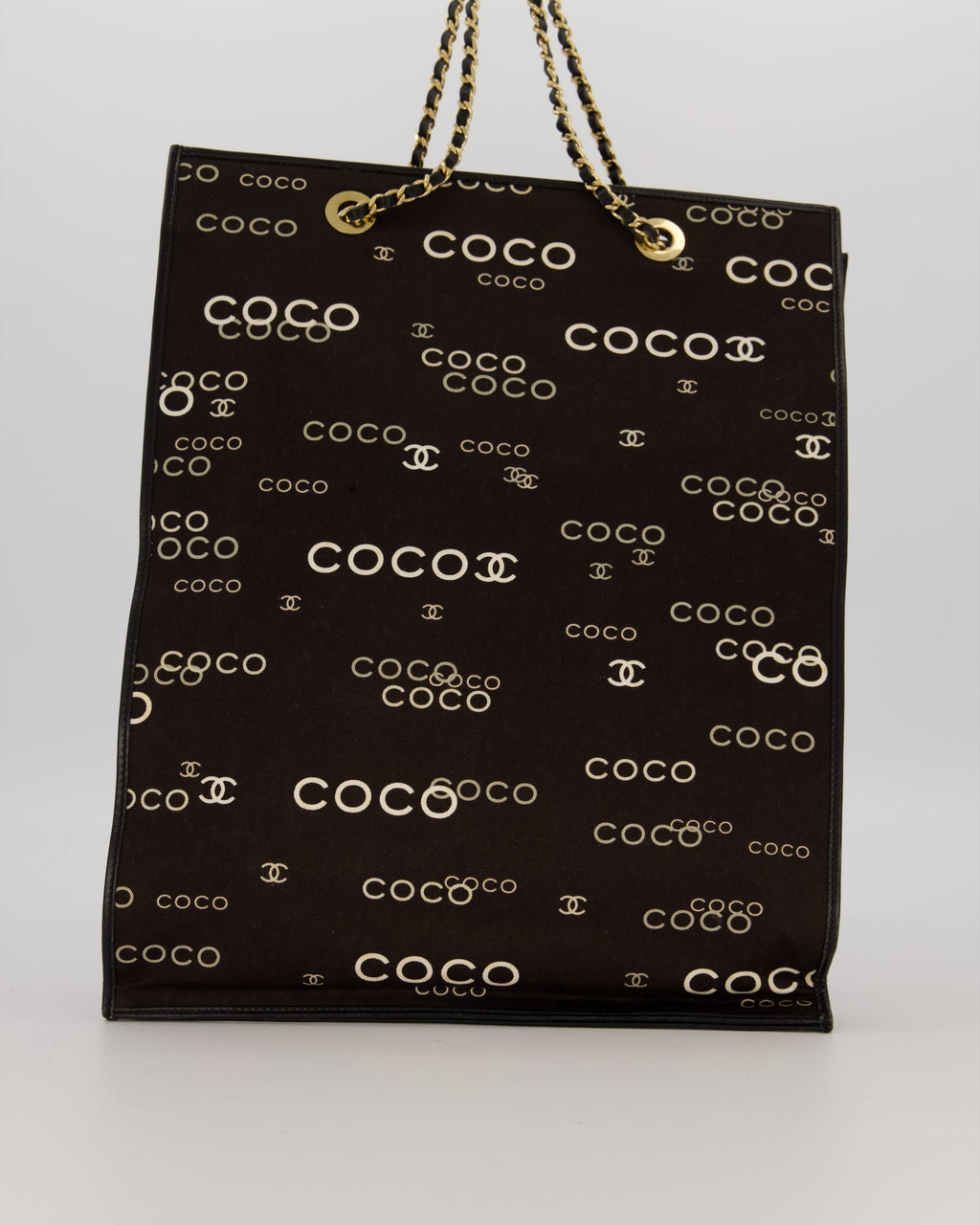 Chanel Vintage Black Canvas Coco Tote Bag with Monogram Details and Gold Hardware