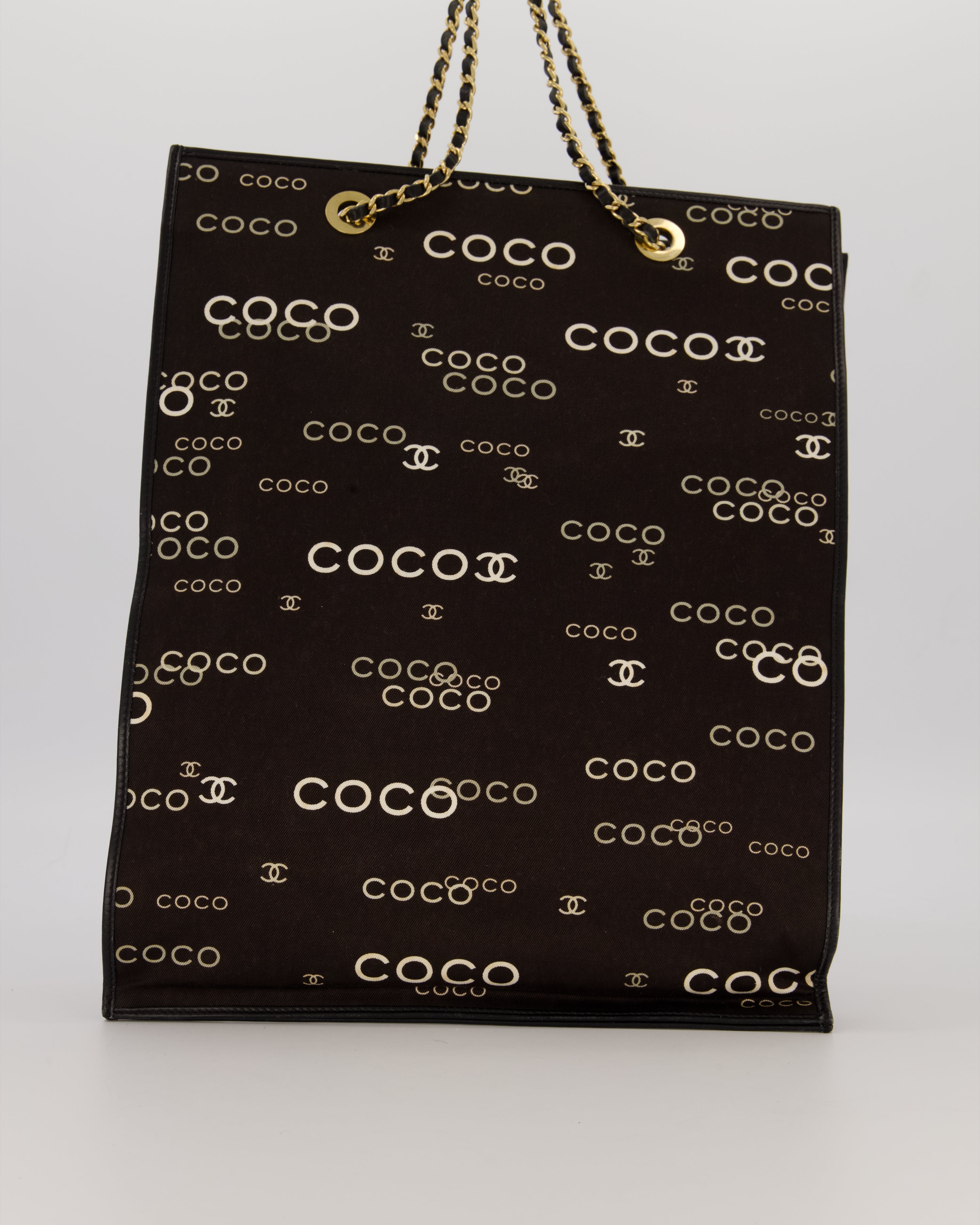 Chanel Vintage Black Canvas Coco Tote Bag with Monogram Details and Gold Hardware