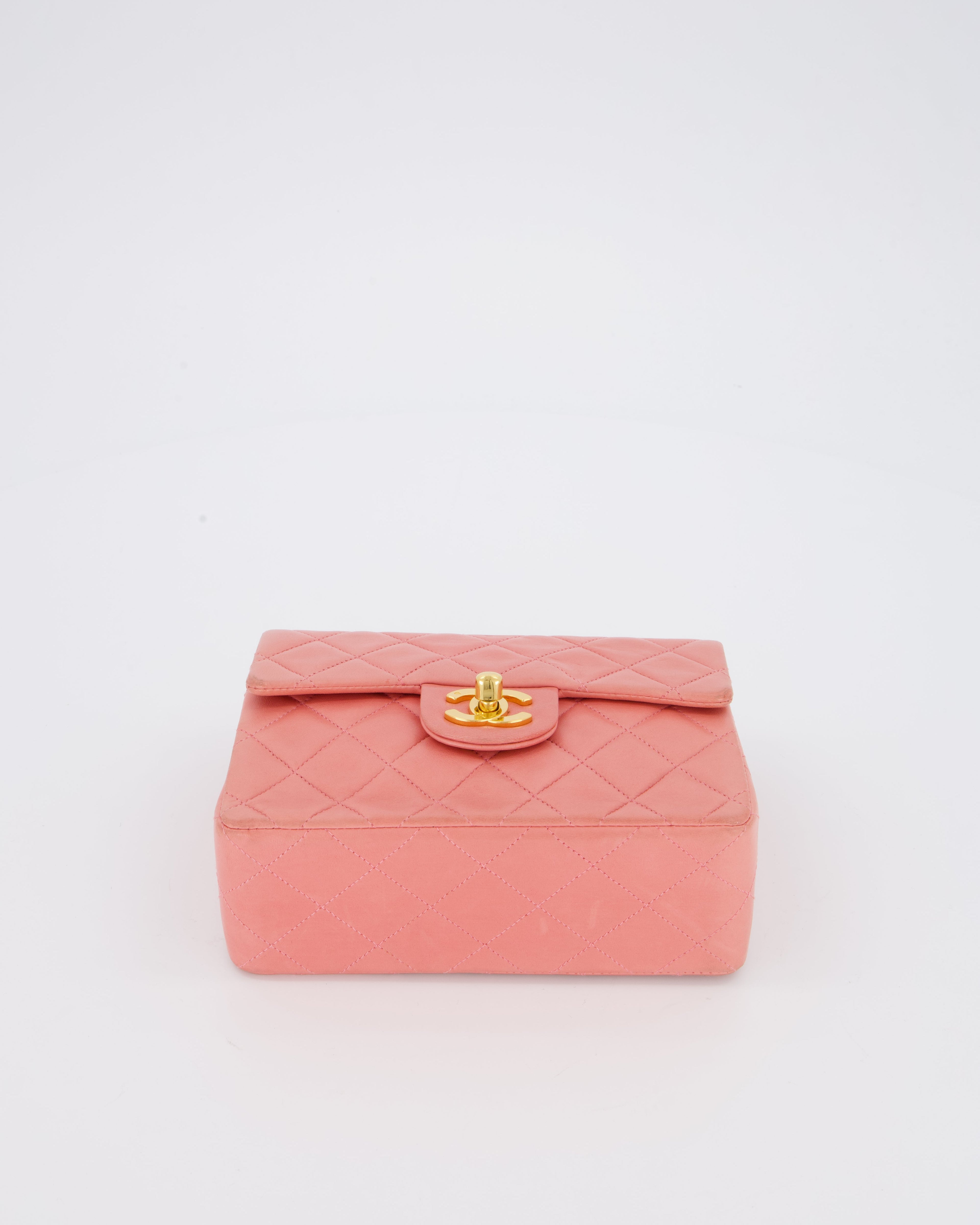 Chanel Pink Vintage Mini Square Single Flap Bag In Lambskin Leather With 24K Gold Hardware