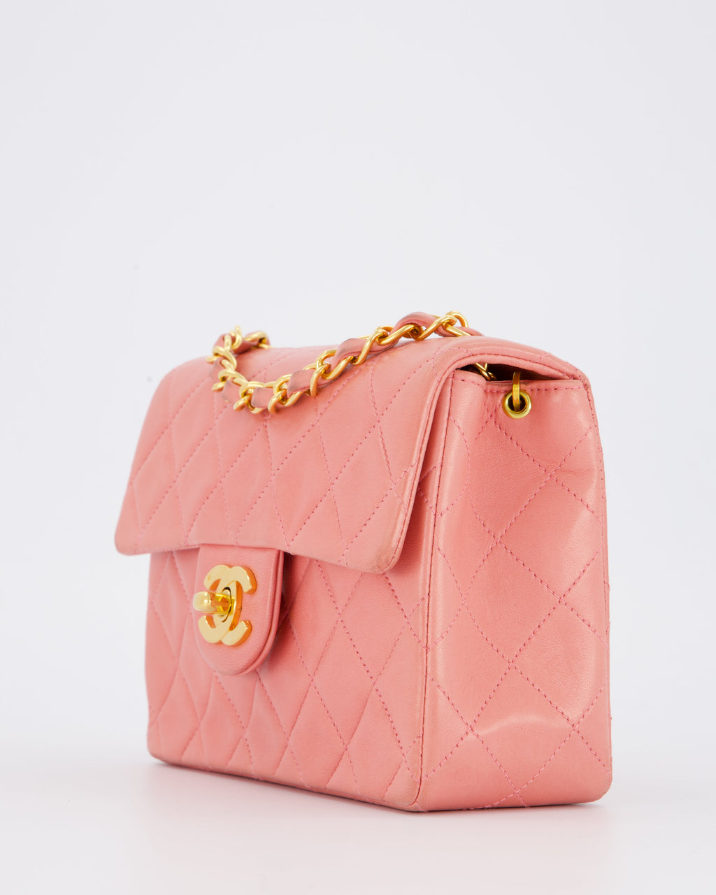 Chanel Pink Vintage Mini Square Single Flap Bag In Lambskin Leather With 24K Gold Hardware