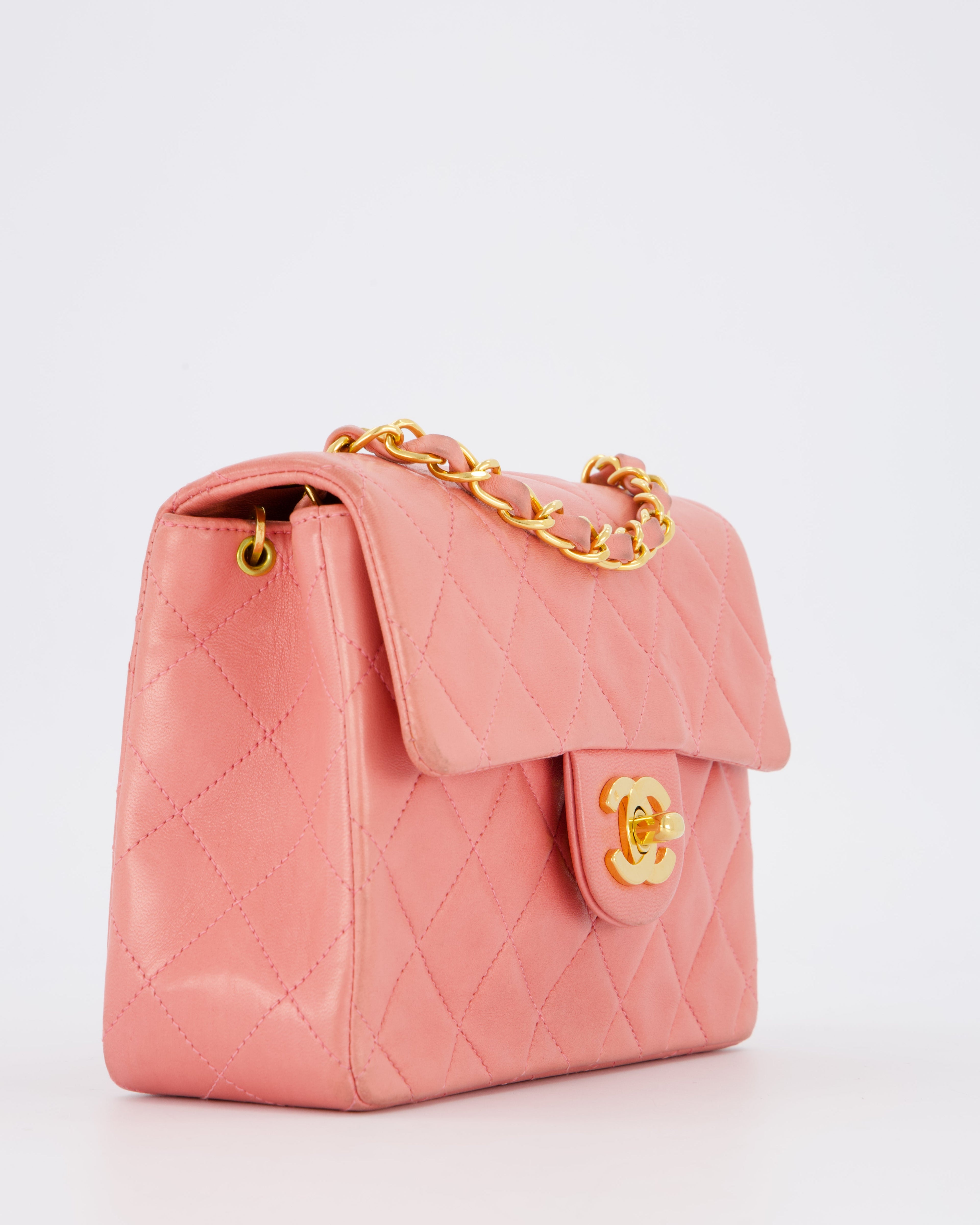 Chanel Pink Vintage Mini Square Single Flap Bag In Lambskin Leather With 24K Gold Hardware