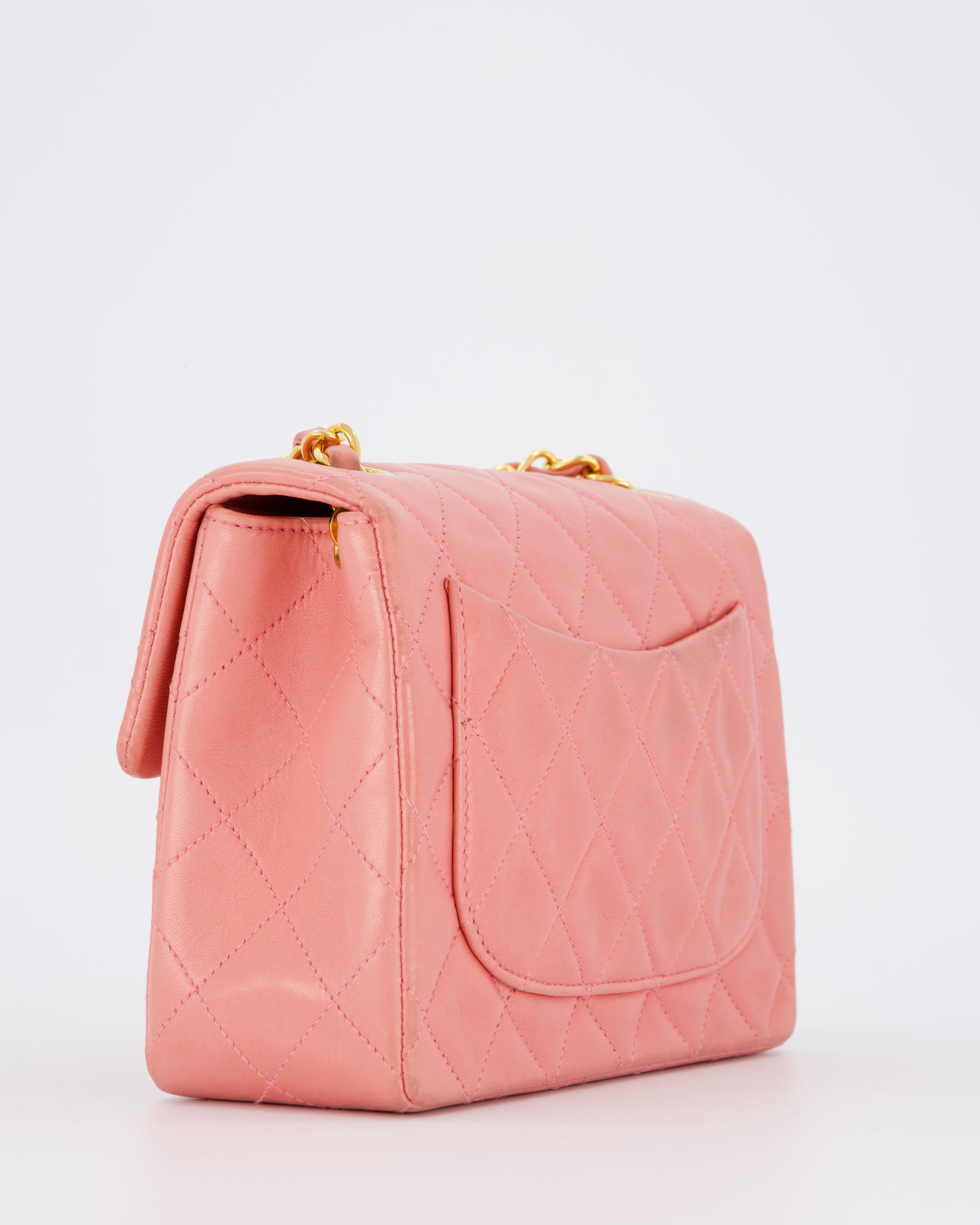 Chanel Pink Vintage Mini Square Single Flap Bag In Lambskin Leather With 24K Gold Hardware