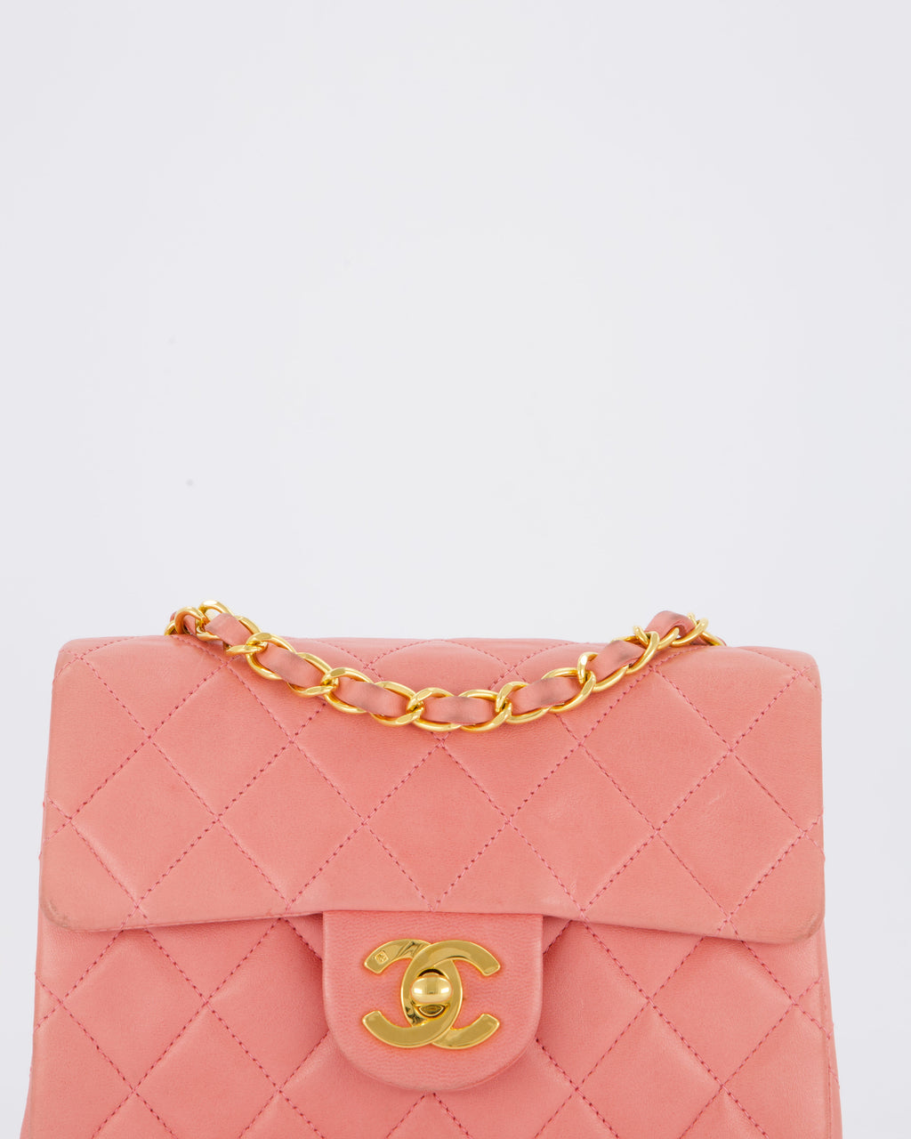 Chanel Pink Vintage Mini Square Single Flap Bag In Lambskin Leather With 24K Gold Hardware