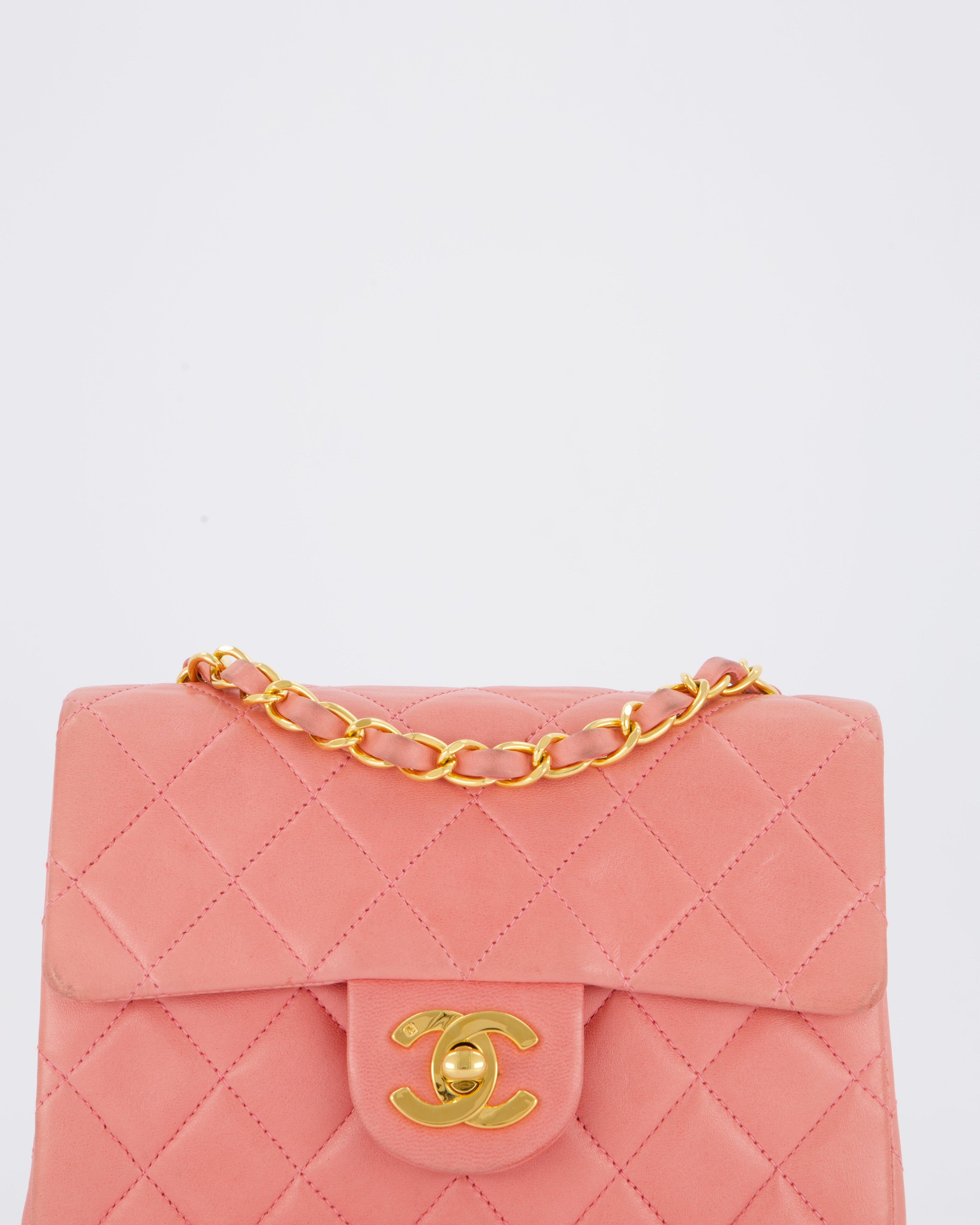 Chanel Pink Vintage Mini Square Single Flap Bag In Lambskin Leather With 24K Gold Hardware