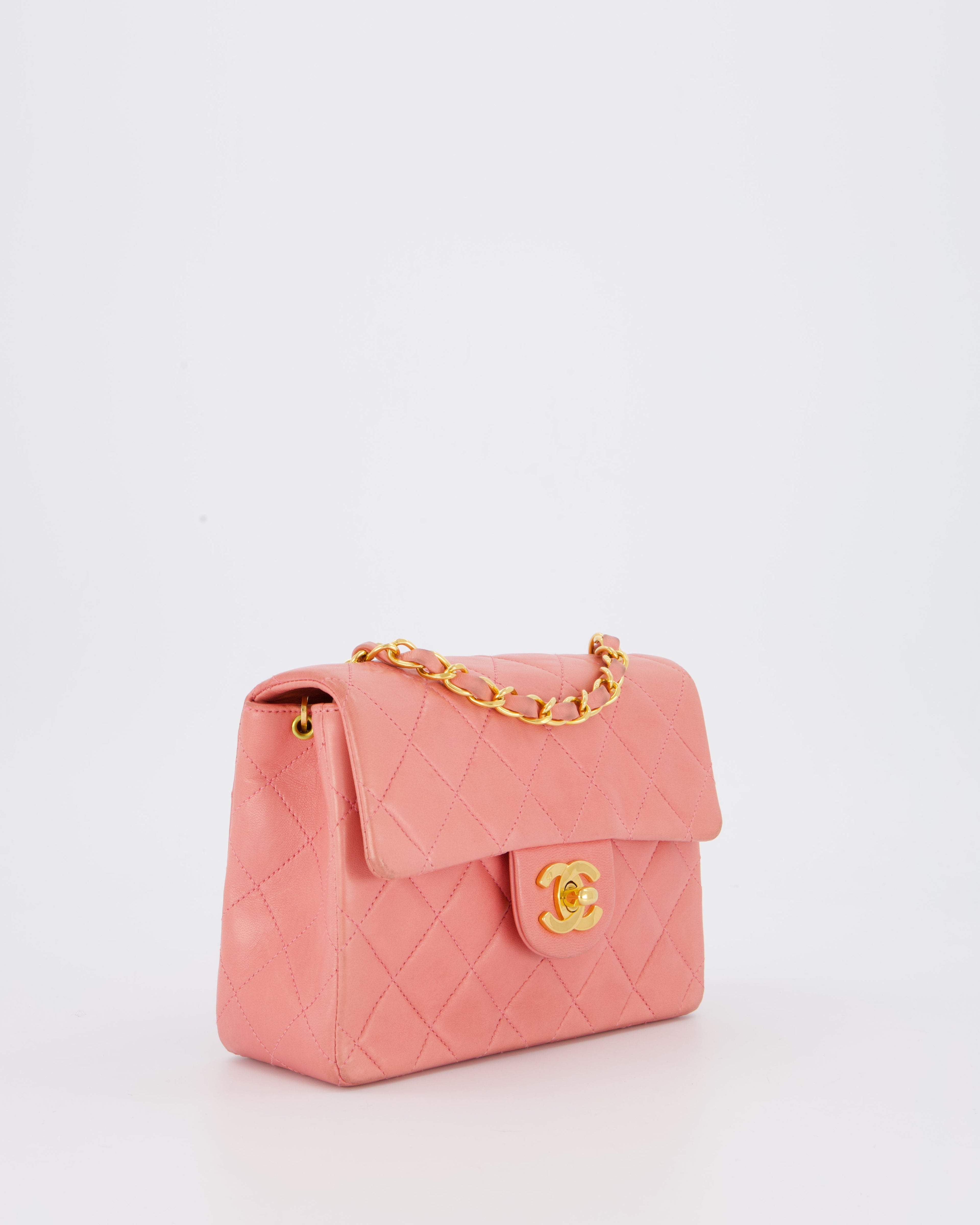 Chanel Pink Vintage Mini Square Single Flap Bag In Lambskin Leather With 24K Gold Hardware