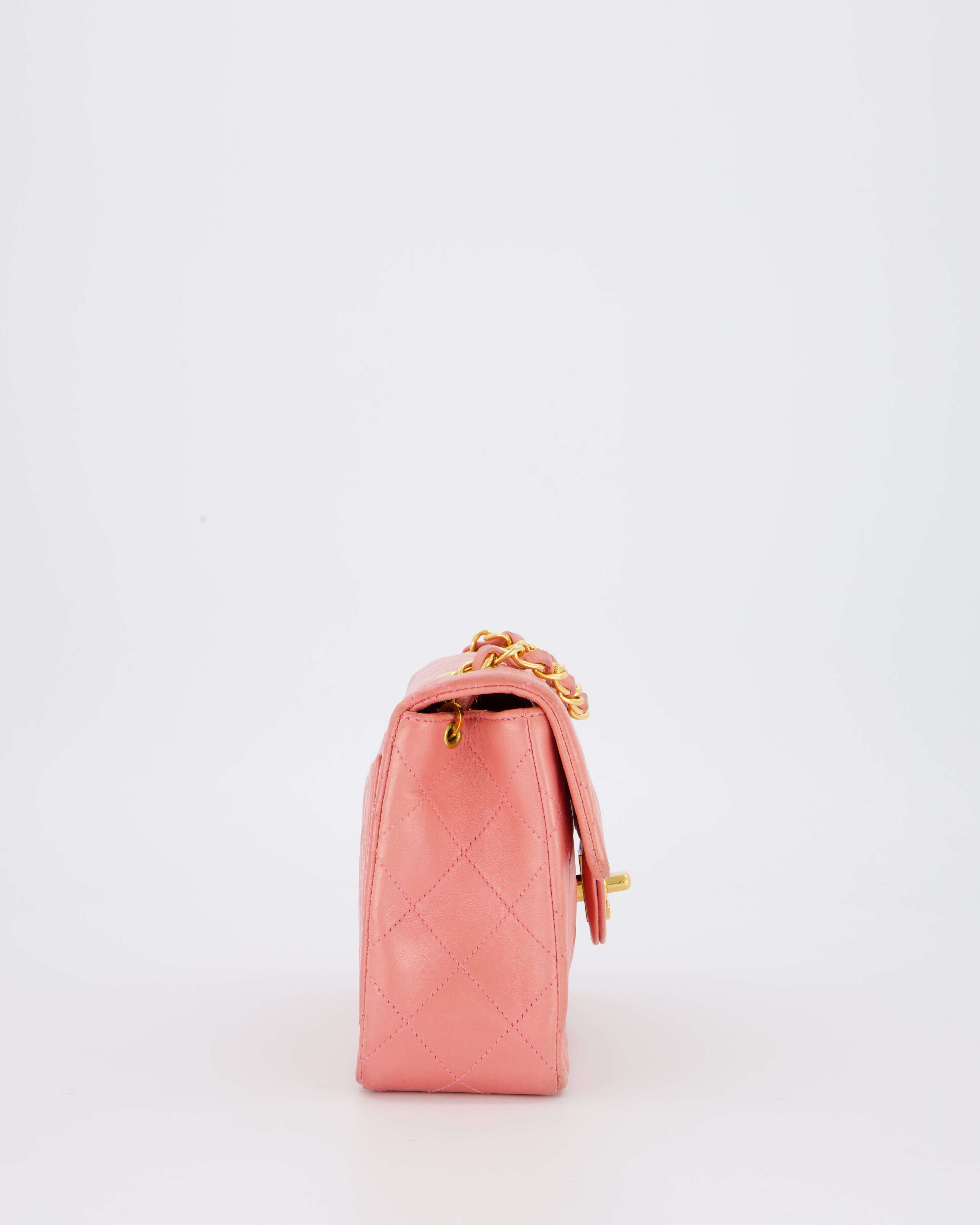 Chanel Pink Vintage Mini Square Single Flap Bag In Lambskin Leather With 24K Gold Hardware