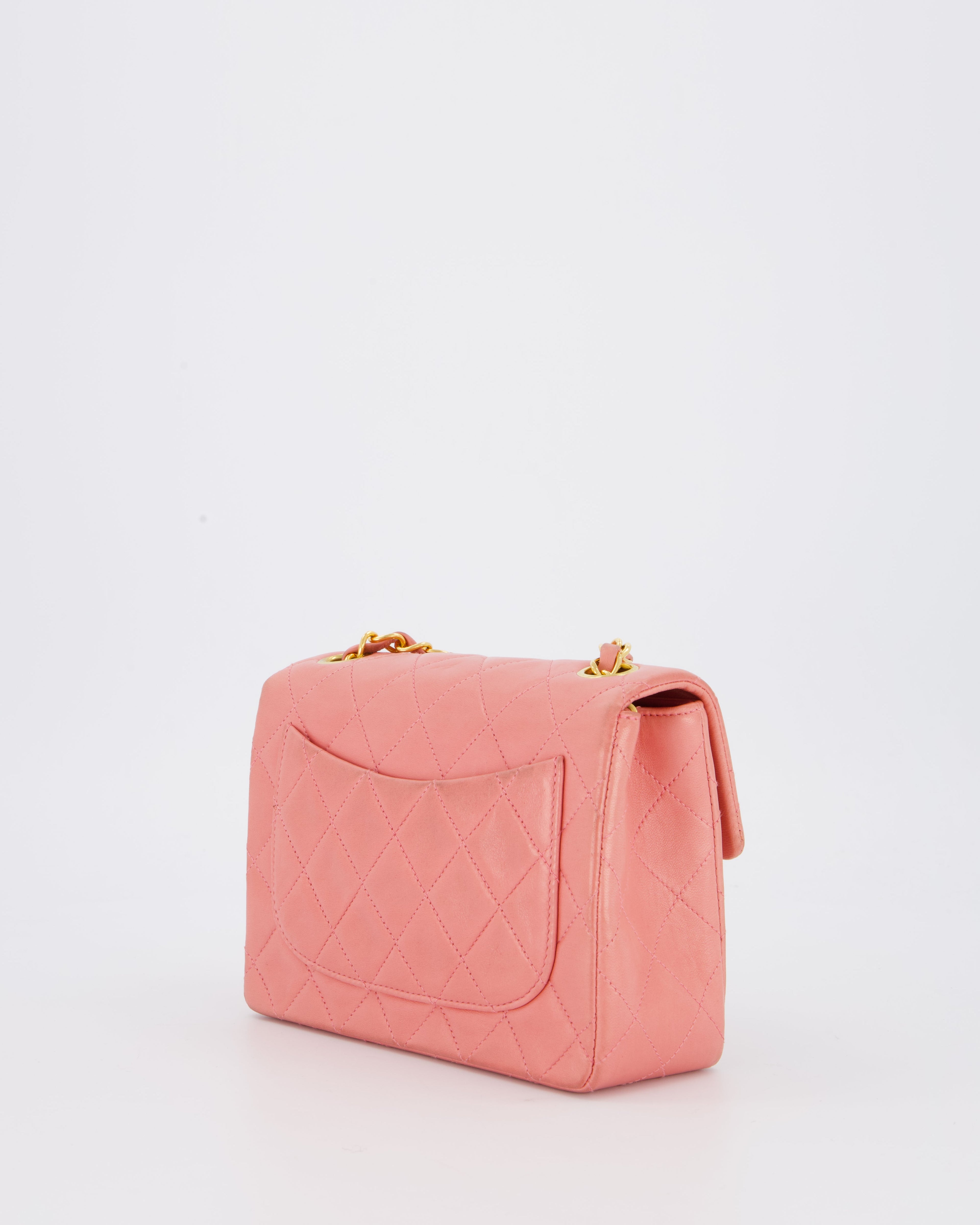 Chanel Pink Vintage Mini Square Single Flap Bag In Lambskin Leather With 24K Gold Hardware