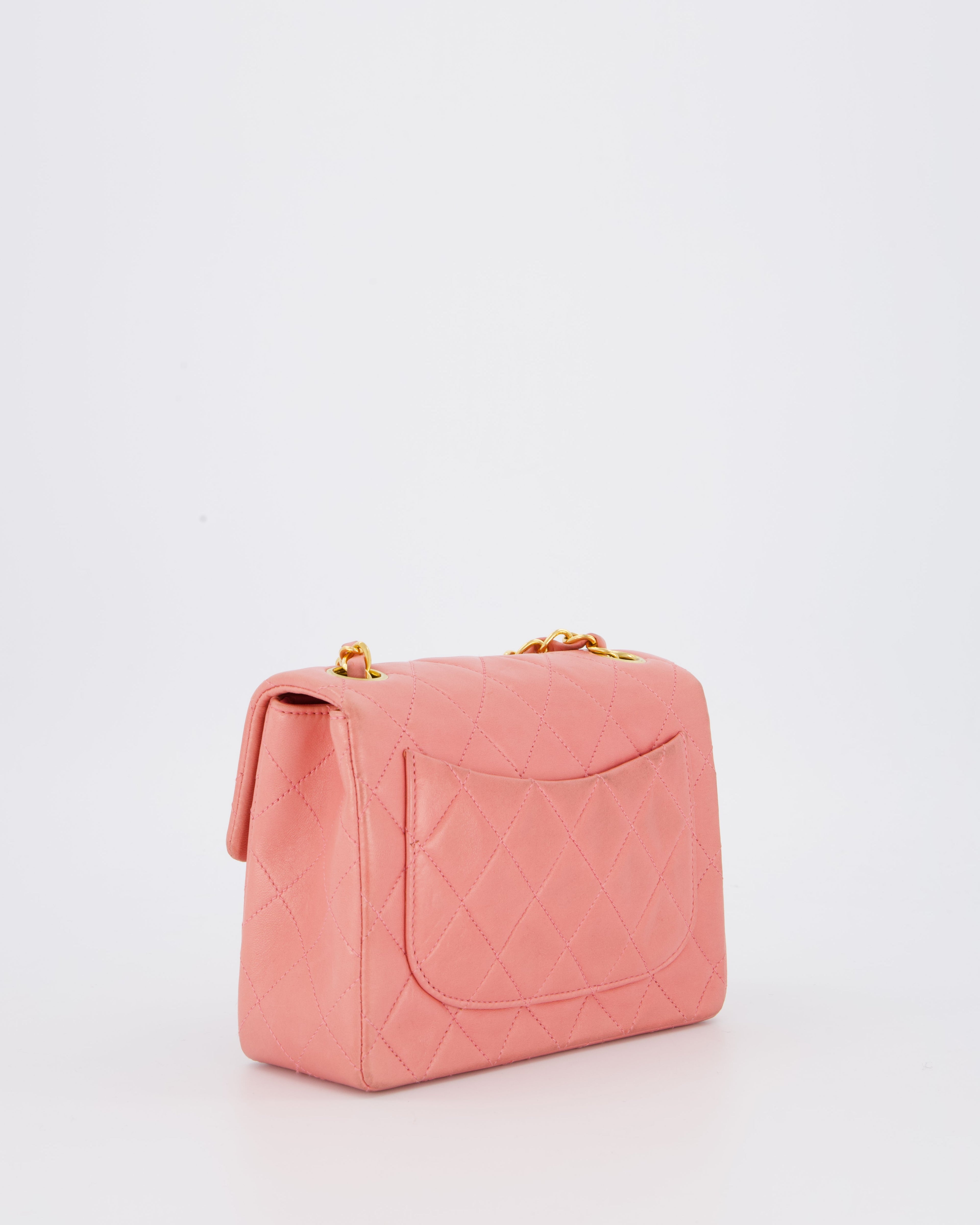 Chanel Pink Vintage Mini Square Single Flap Bag In Lambskin Leather With 24K Gold Hardware