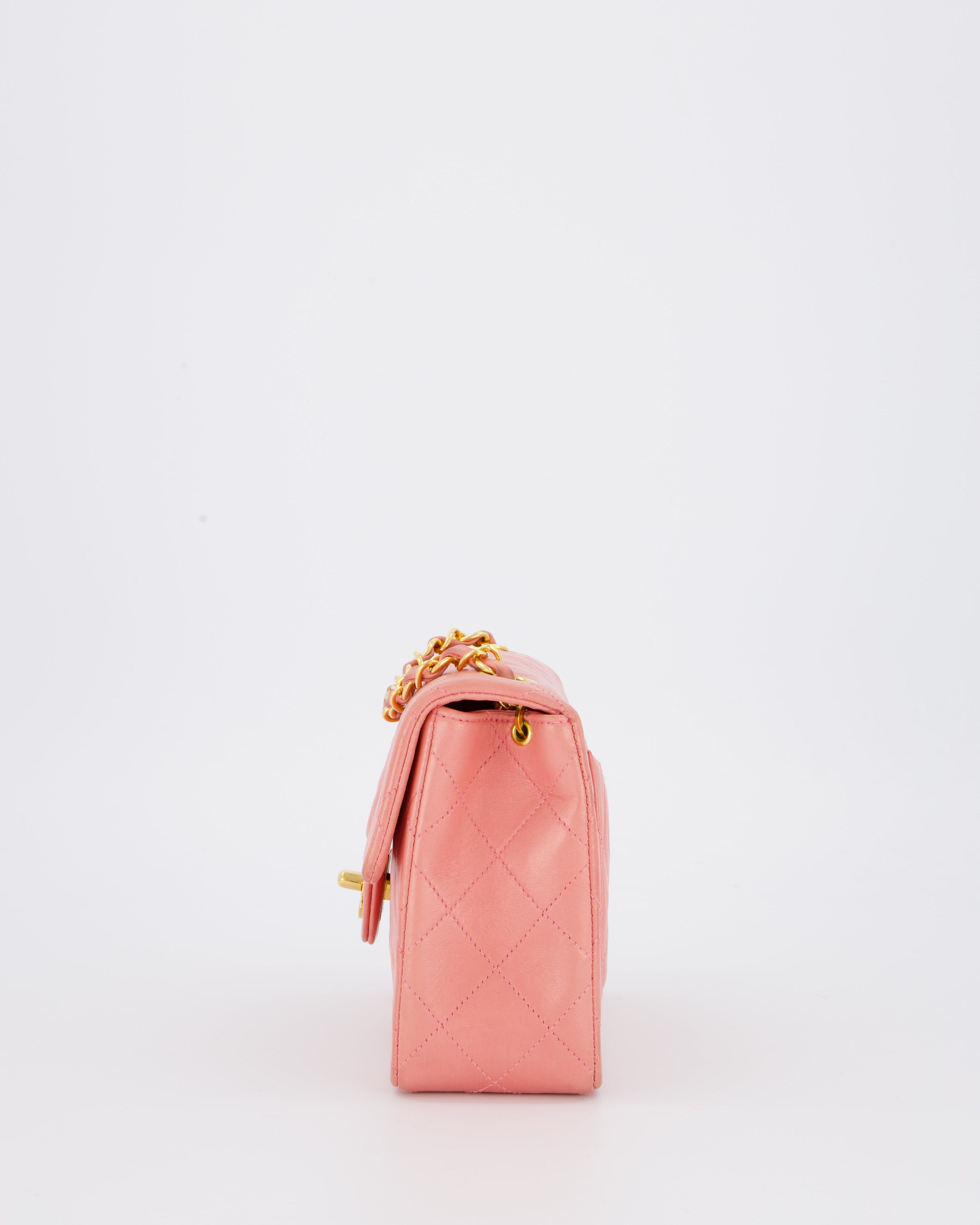 Chanel Pink Vintage Mini Square Single Flap Bag In Lambskin Leather With 24K Gold Hardware
