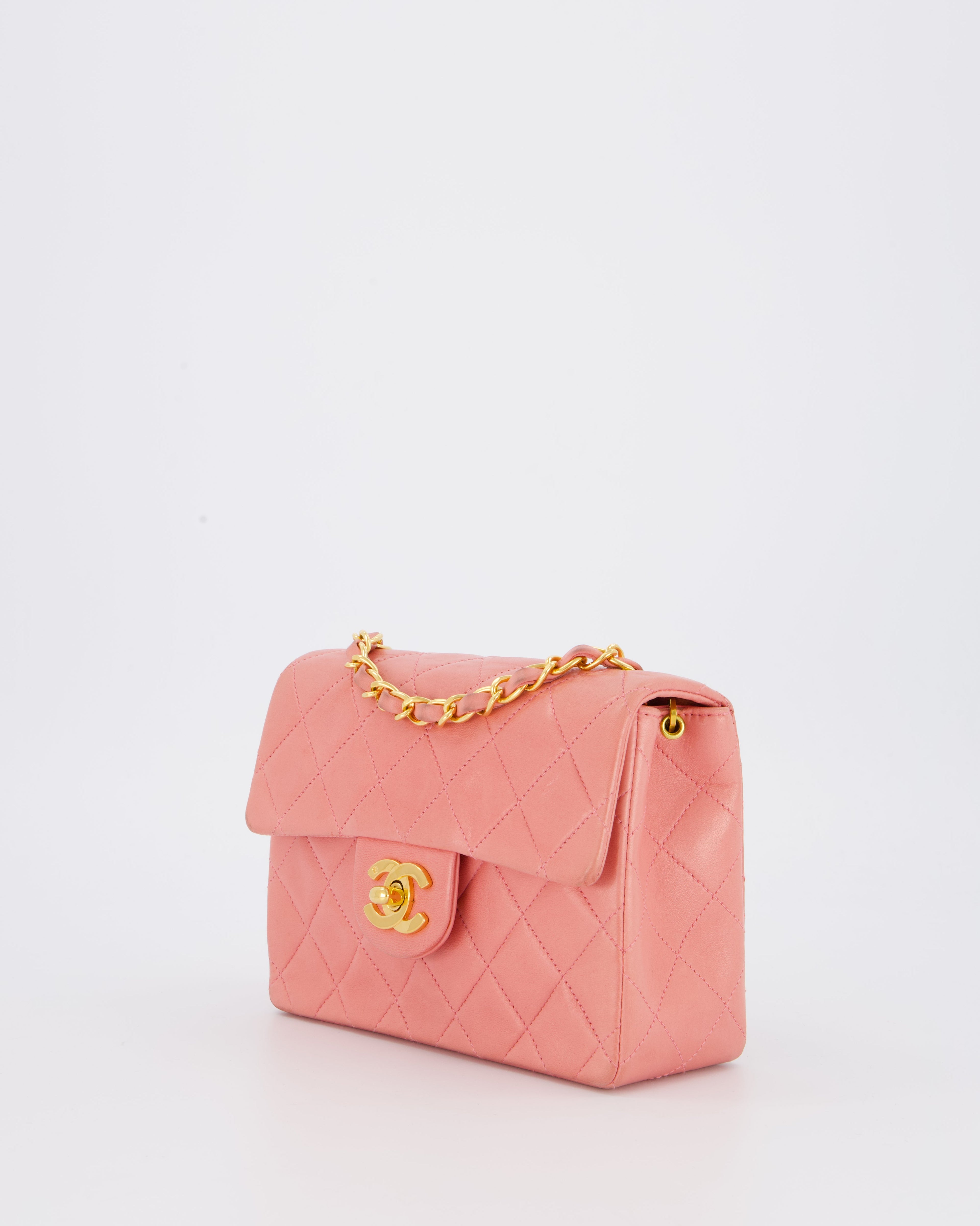 Chanel Pink Vintage Mini Square Single Flap Bag In Lambskin Leather With 24K Gold Hardware